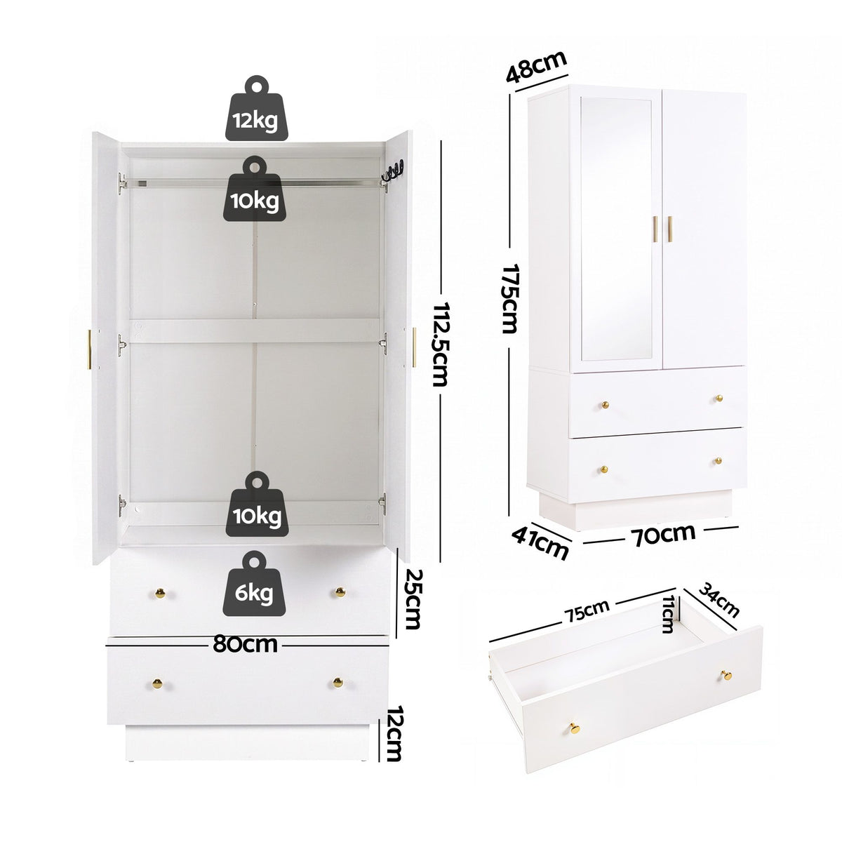 Artiss LED Wardrobe Cabinet Clothes Storage with Mirror 2 Drawers Hanging Rail-Home & Garden > Storage > Clothing & Wardrobe Storage-PEROZ Accessories