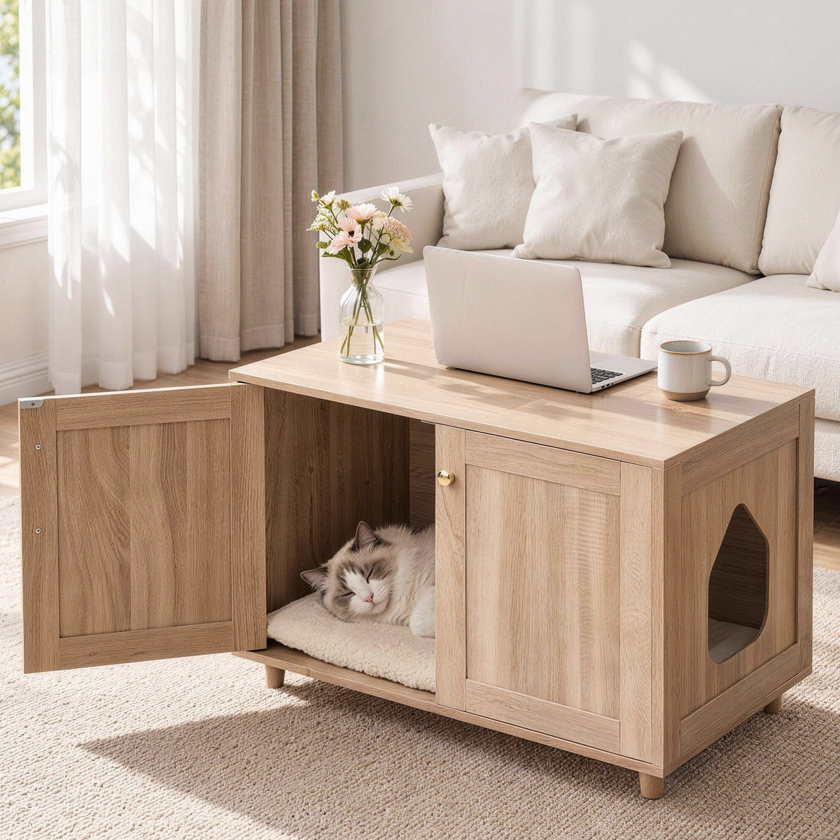 Artiss 2-In-1 Coffee Table Pet Cat House Wooden Side Table Storage Cabinet 80x50x55CM-Furniture > Living Room > Coffee Tables-PEROZ Accessories