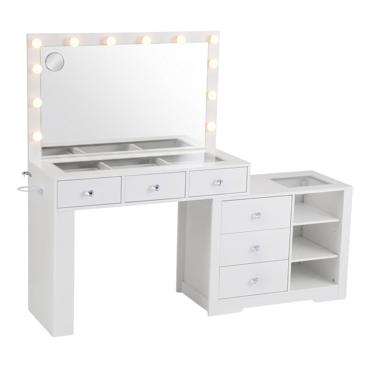 Artiss Dressing Table Mirror Charging Station Glass Top Makeup Vanity Desk RGB Cabinet Storage Drawers Hairdryer Holder White