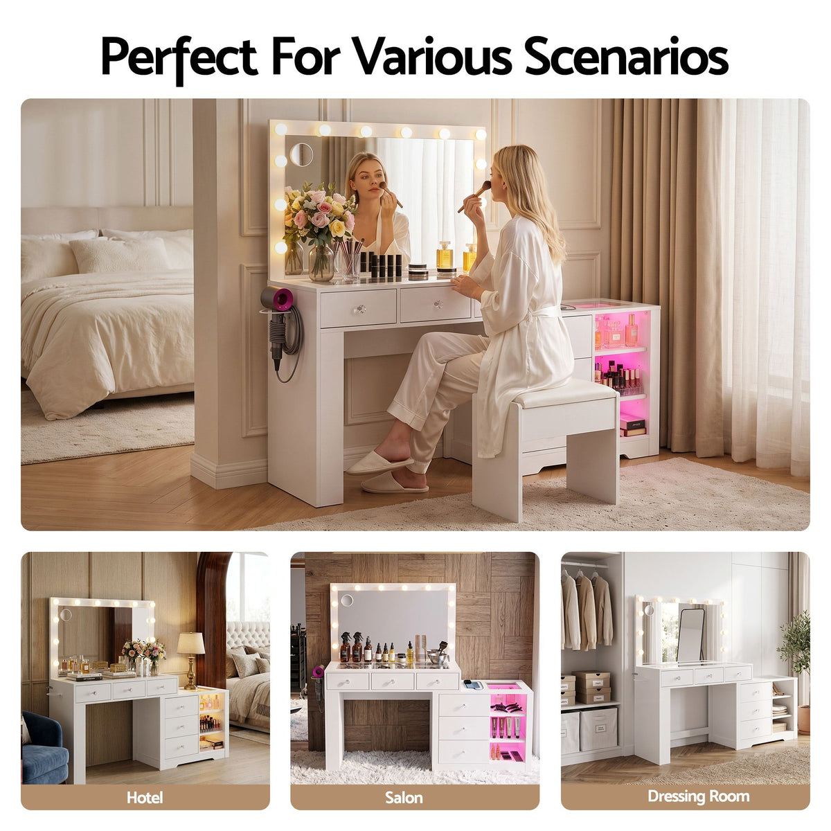 Artiss Dressing Table Mirror Charging Station Glass Top Makeup Vanity Desk RGB Cabinet Storage Drawers Hairdryer Holder White