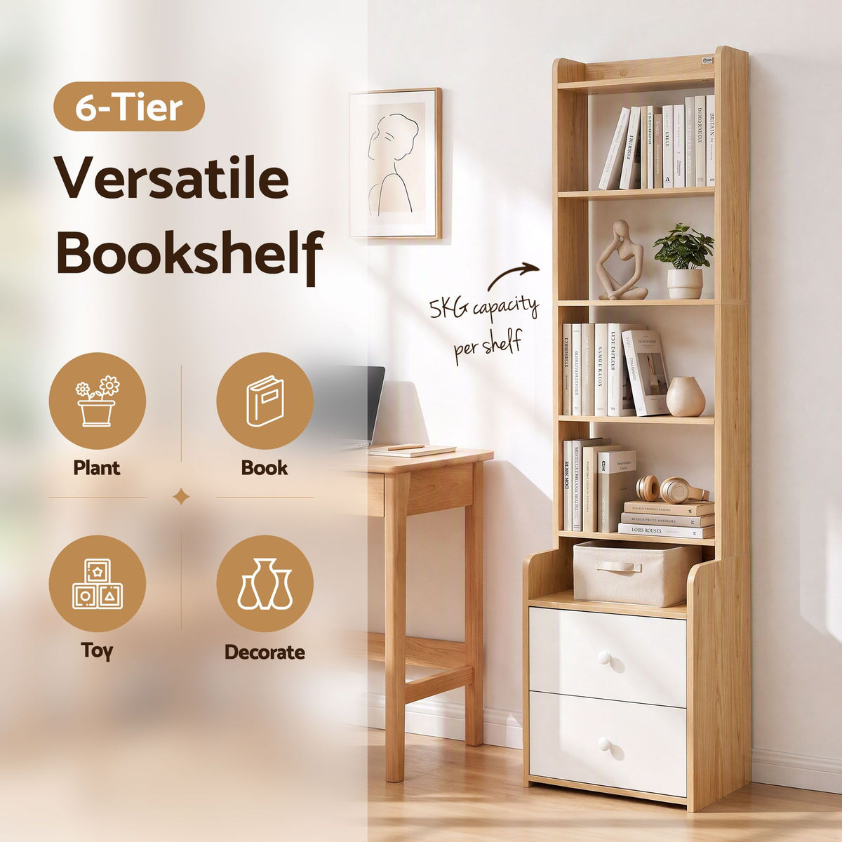 Artiss 6 Tiers Bookshelf with 2 Drawer Storage Shelf Pine