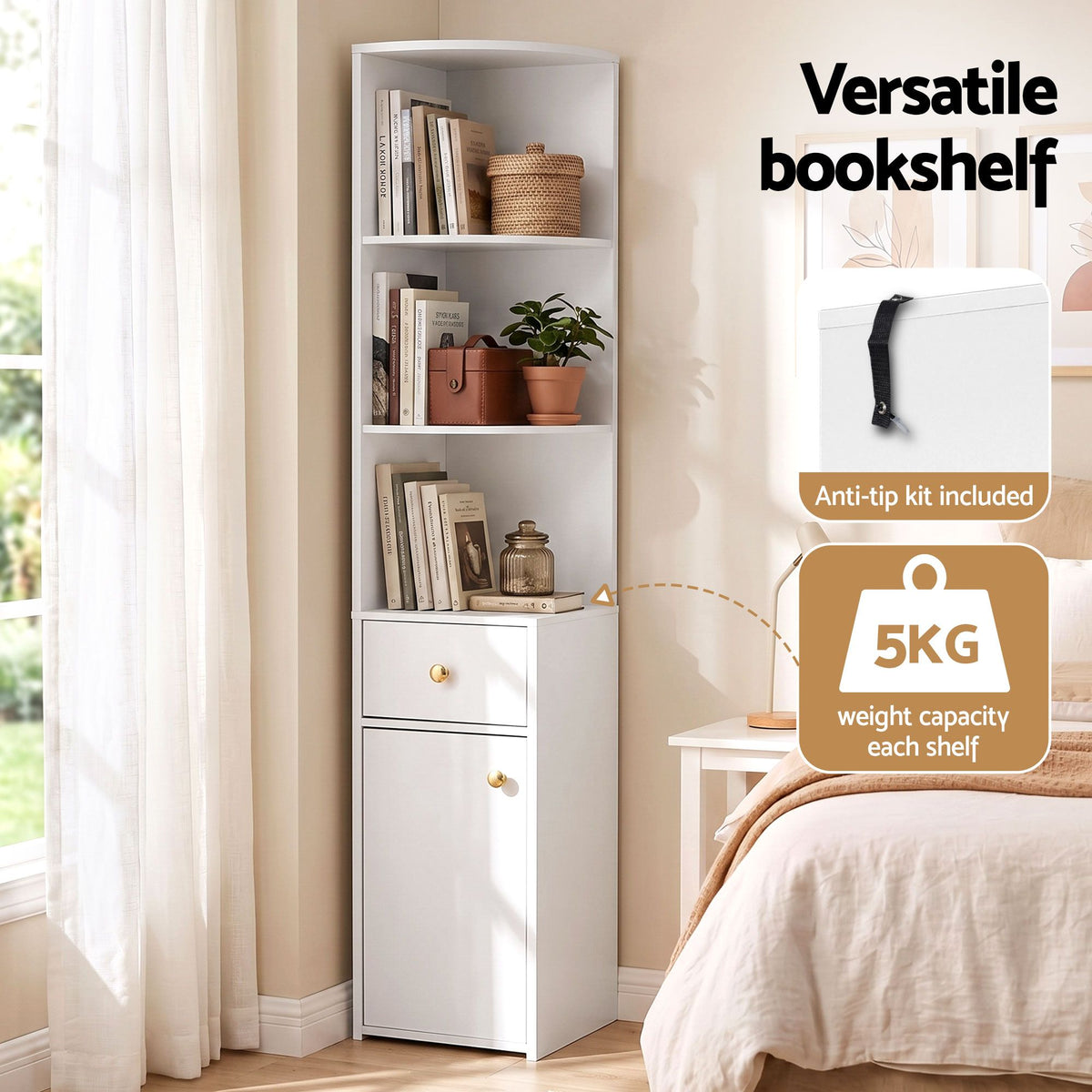Artiss 3 Tiers Bookshelf with Storage Drawer and Cabinet White