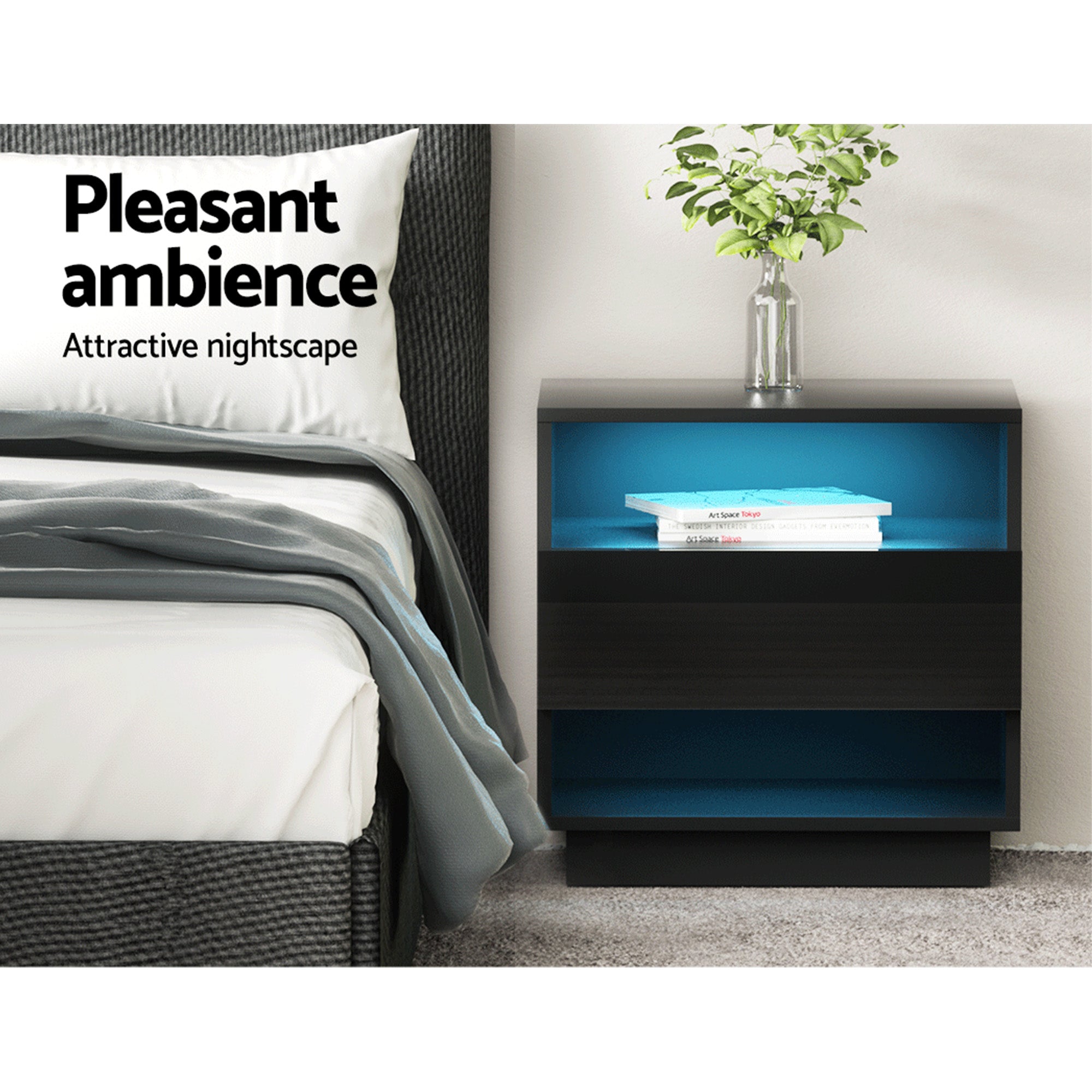 Artiss 2x Bedside Table LED with 2 Shelves - HANA Black-Furniture > Bedroom > Bedside Tables-PEROZ Accessories