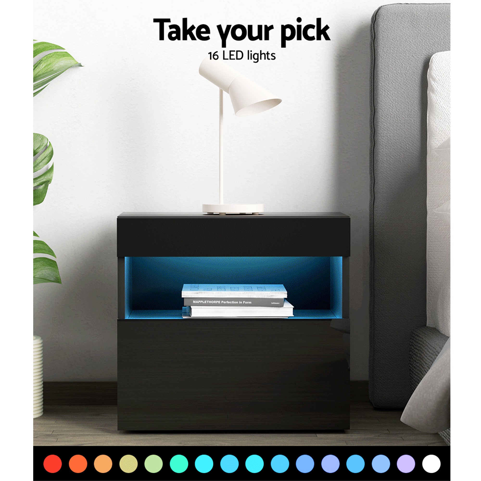 Artiss 2x Bedside Table LED - HERES Black-Furniture > Bedroom > Bedside Tables-PEROZ Accessories