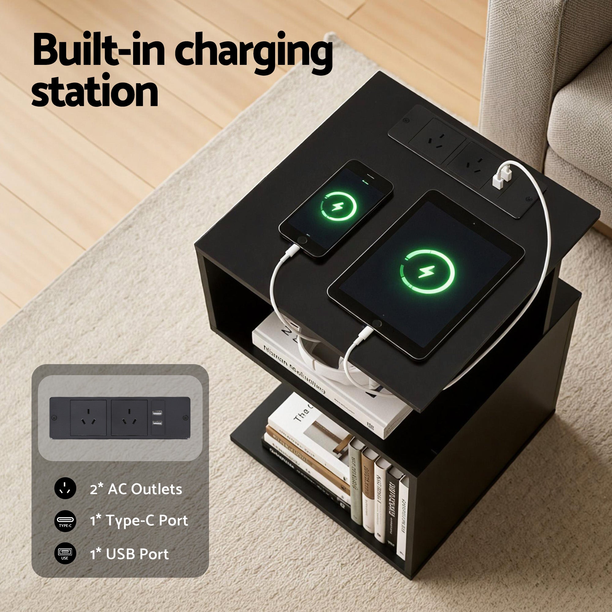 Artiss Bedside Table 2 Shelves S-Shaped Charging Station Black-Furniture > Bedroom > Bedside Tables-PEROZ Accessories