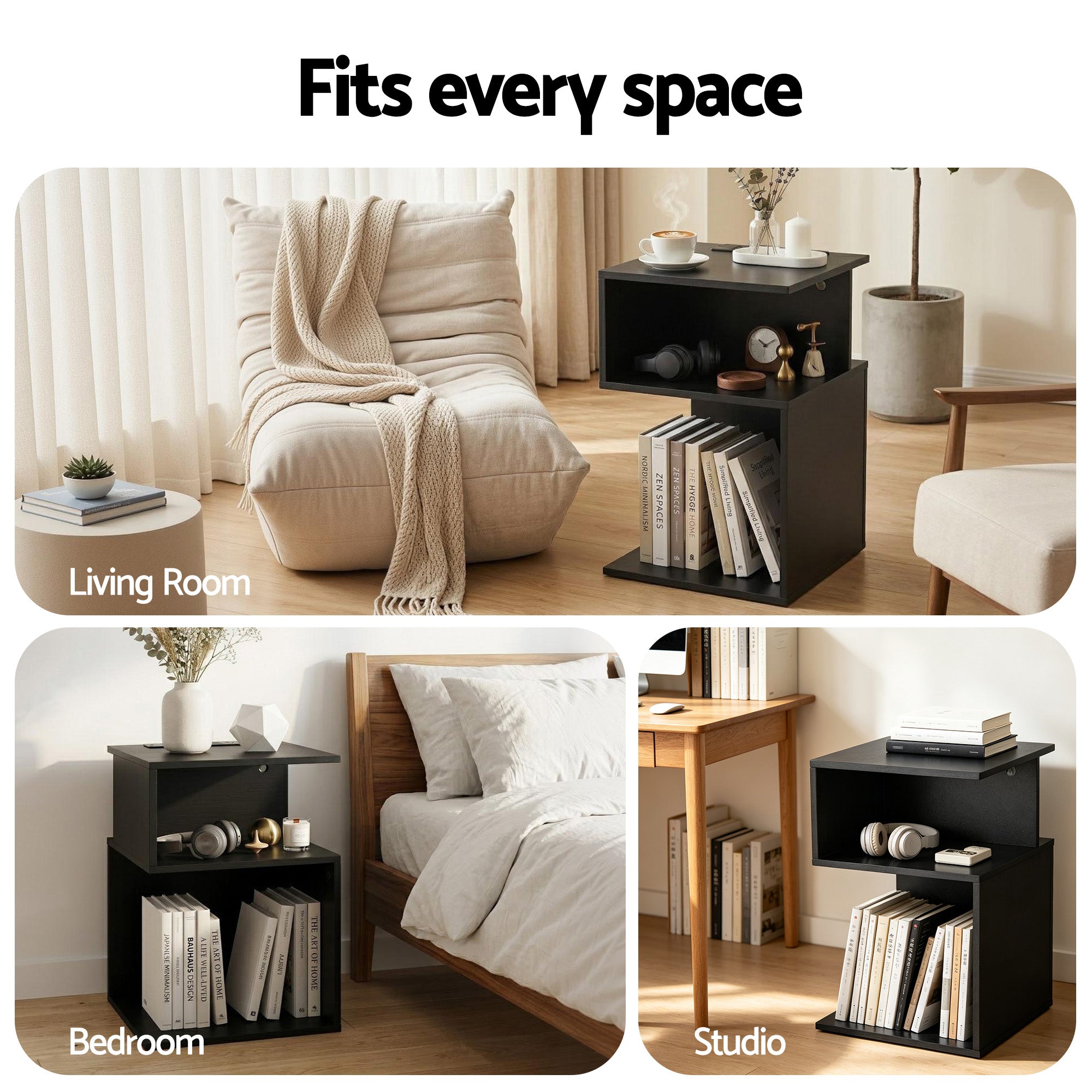 Artiss Bedside Table 2 Shelves S-Shaped Charging Station Black-Furniture > Bedroom > Bedside Tables-PEROZ Accessories