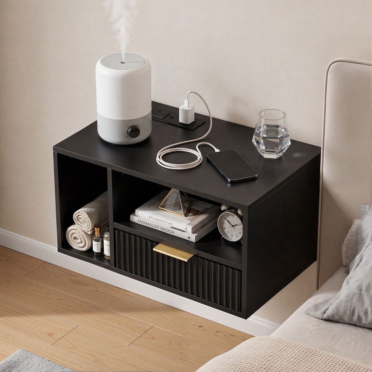 Artiss Floating Bedside Table with Charging Station Black Nightstand 1 Drawer-Furniture > Bedroom > Bedside Tables-PEROZ Accessories