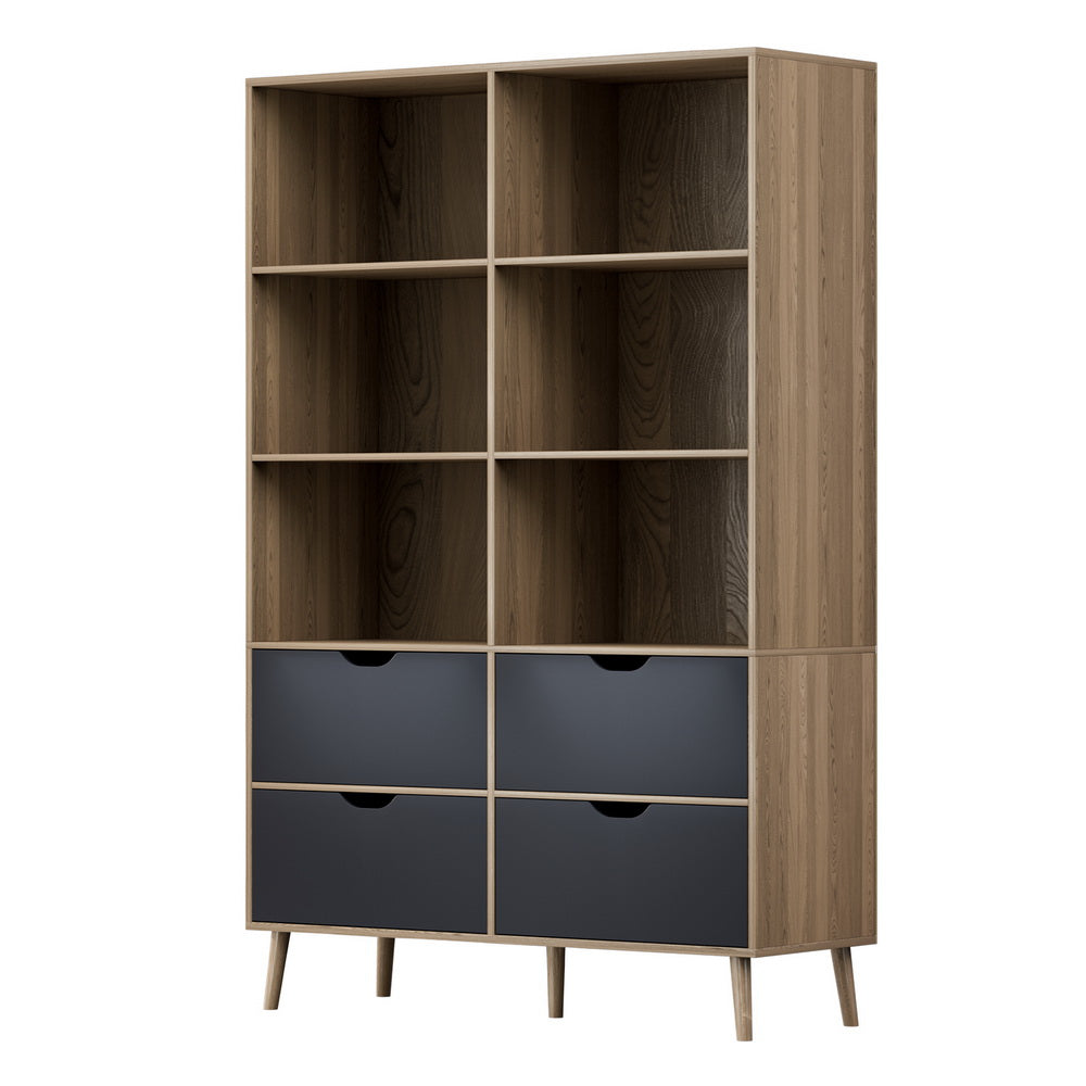 Artiss Bookshelf with 4 Drawers - MITZI Oak and Blue-Furniture > Bedroom-PEROZ Accessories