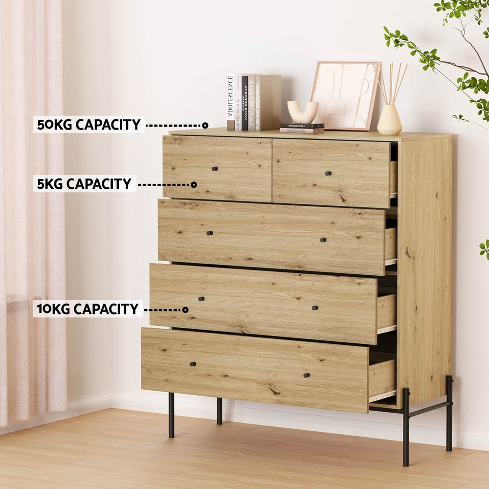Artiss 5 Chest of Drawers - ARNO Pine-Furniture > Bedroom-PEROZ Accessories