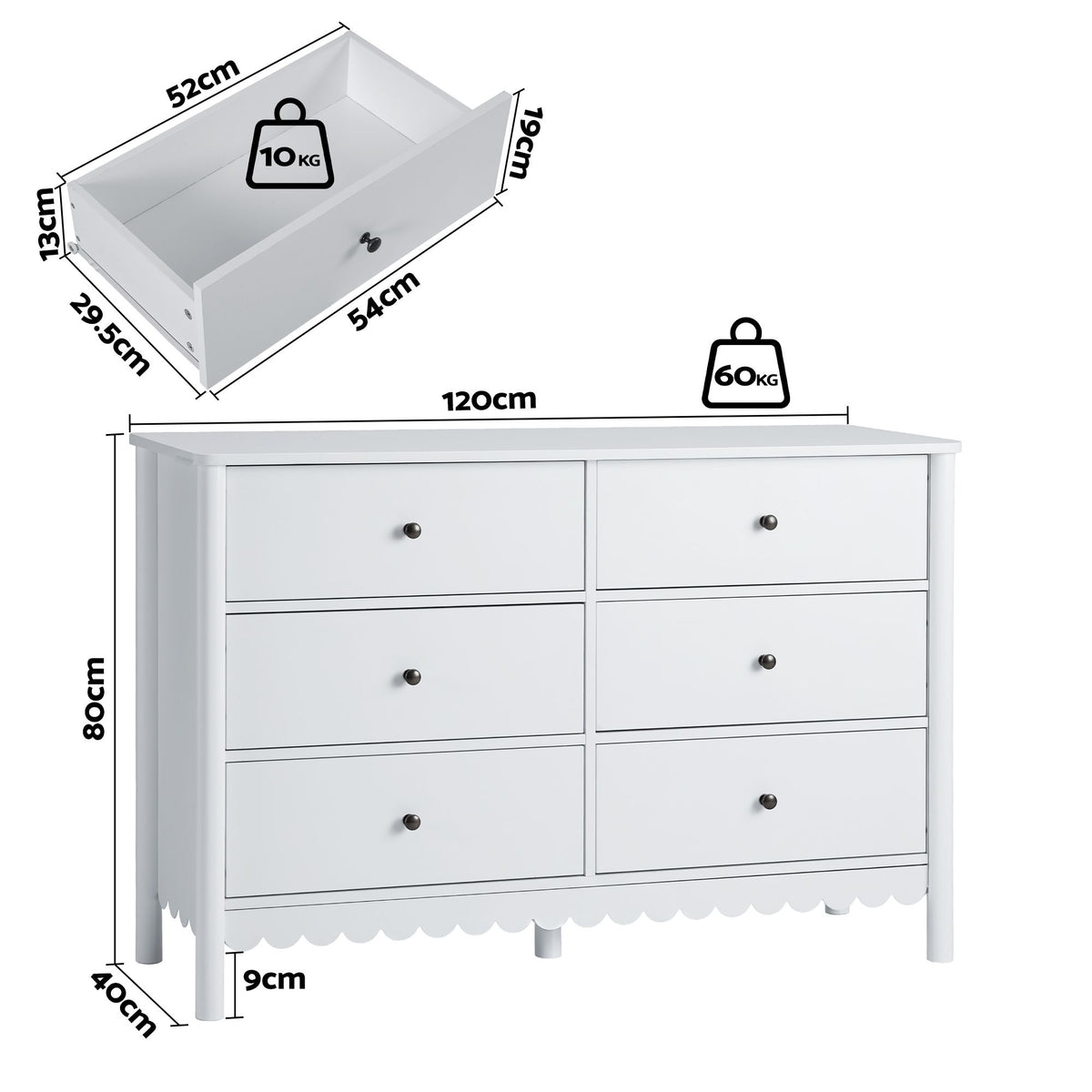 Artiss 6 Chest of Drawers Dresser Lowboy Curved Edge Scalloped White Bedroom-Furniture > Bedroom > Dressers-PEROZ Accessories