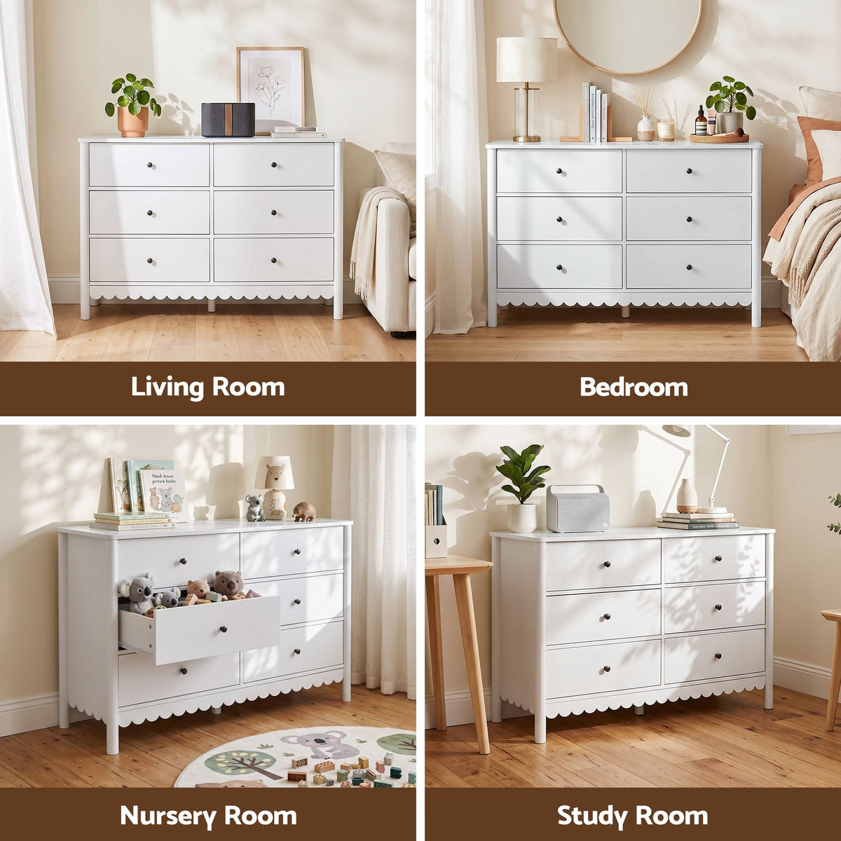 Artiss 6 Chest of Drawers Dresser Lowboy Curved Edge Scalloped White Bedroom-Furniture > Bedroom > Dressers-PEROZ Accessories