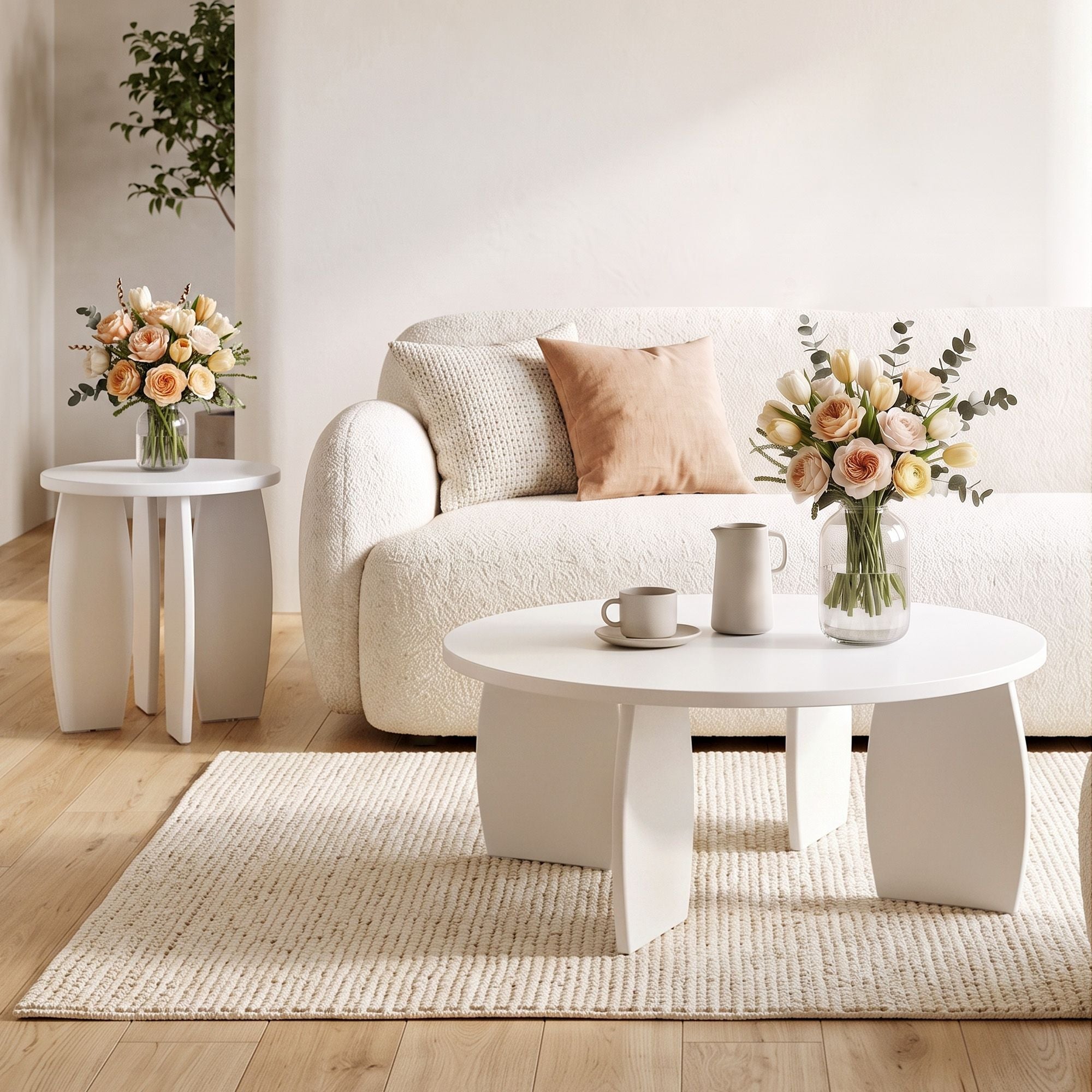 Artiss Coffee Table Set of 2 High Gloss Round Side Bedside Table Wood Living Room Cream