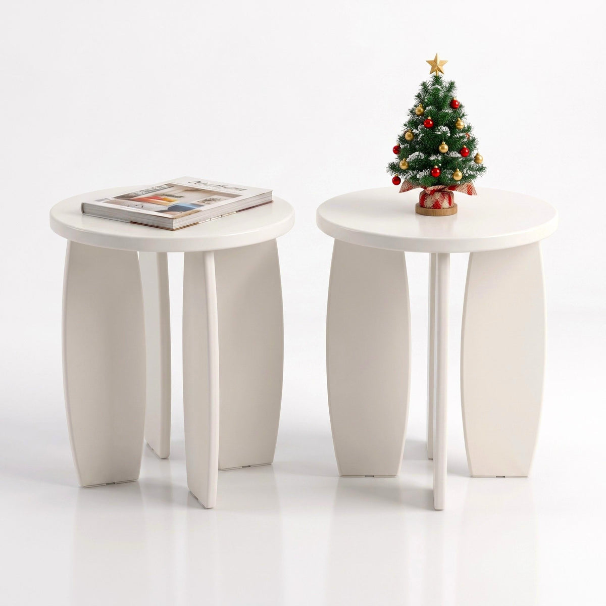 Artiss Round End Table Set Of 2 High-Gloss Coffee Table Bedside Nightstand 40x45cm Cream white-Furniture > Living Room > Coffee Tables-PEROZ Accessories