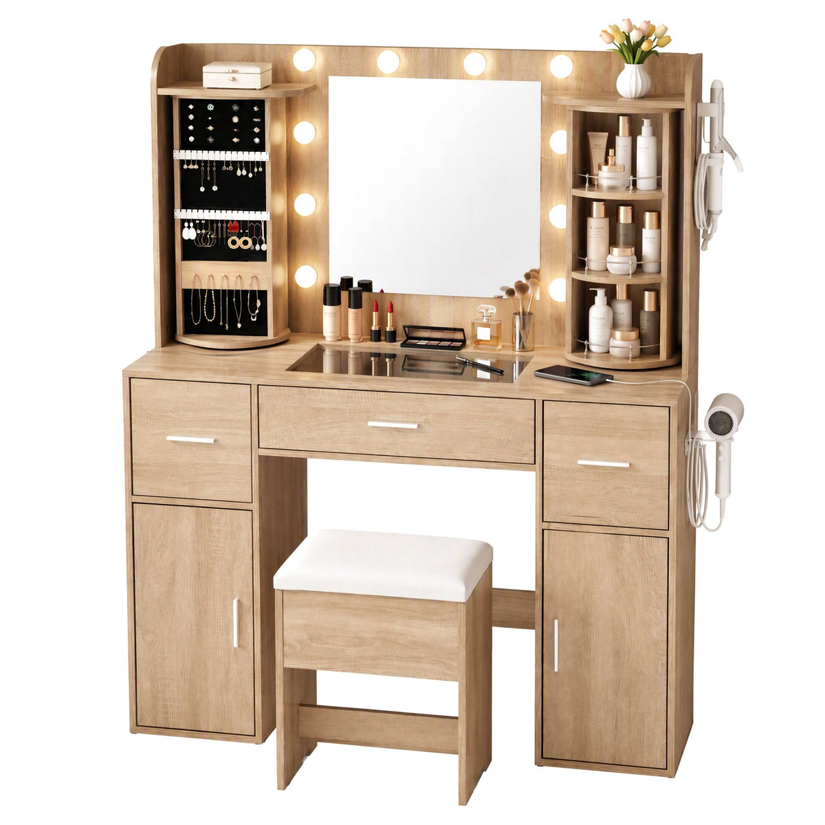 Artiss Dressing Table Vanity Desk LED Mirror Stool Set Charging Station Glass Top Rotating Shelf Wood-Furniture > Bedroom > Dressing Vanity & Dressing Tables-PEROZ Accessories