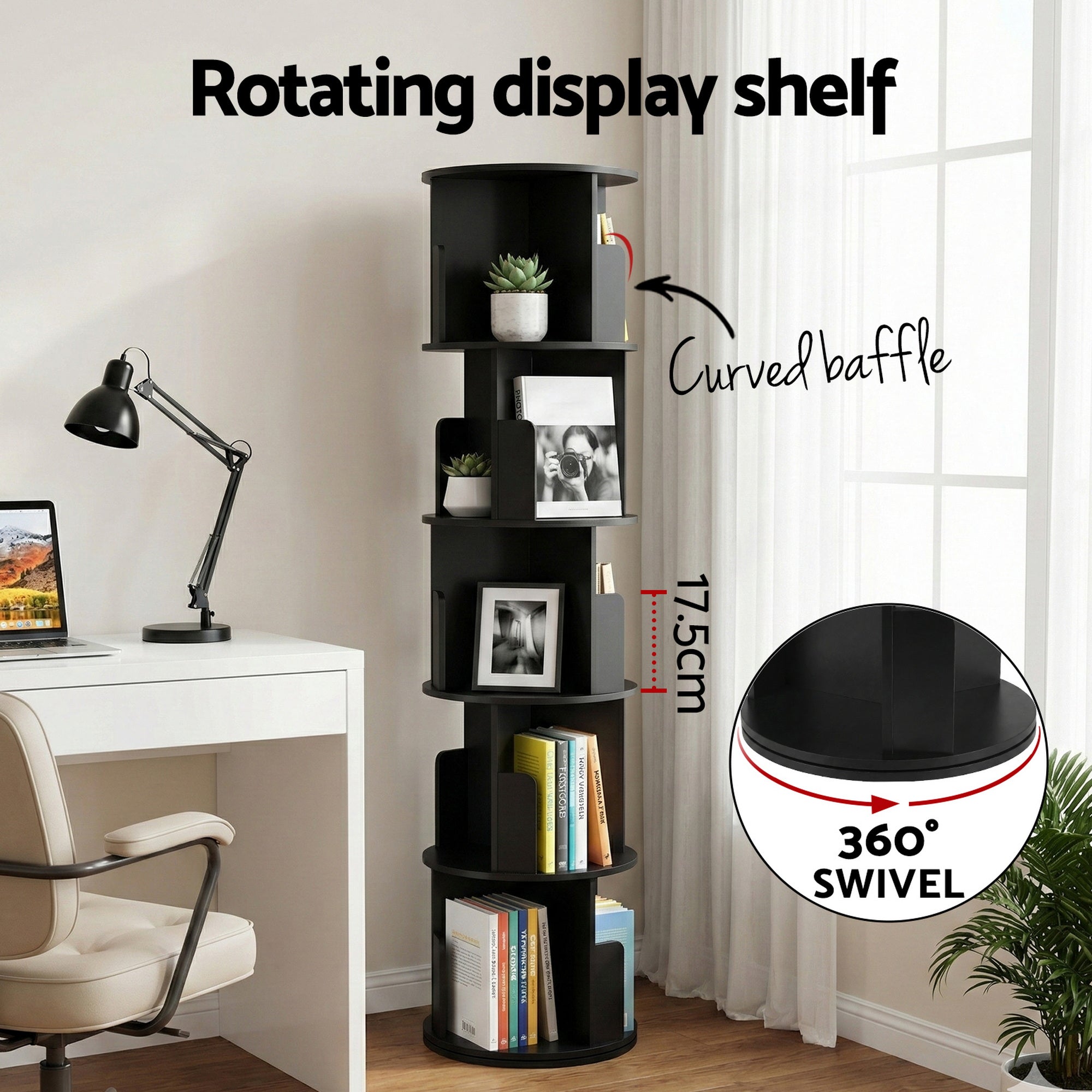 Artiss 5 Tiers Bookshelf Swivel Bookcase Display Shelves Stand Round Black-Furniture > Living Room > Bookcases & Shelves-PEROZ Accessories