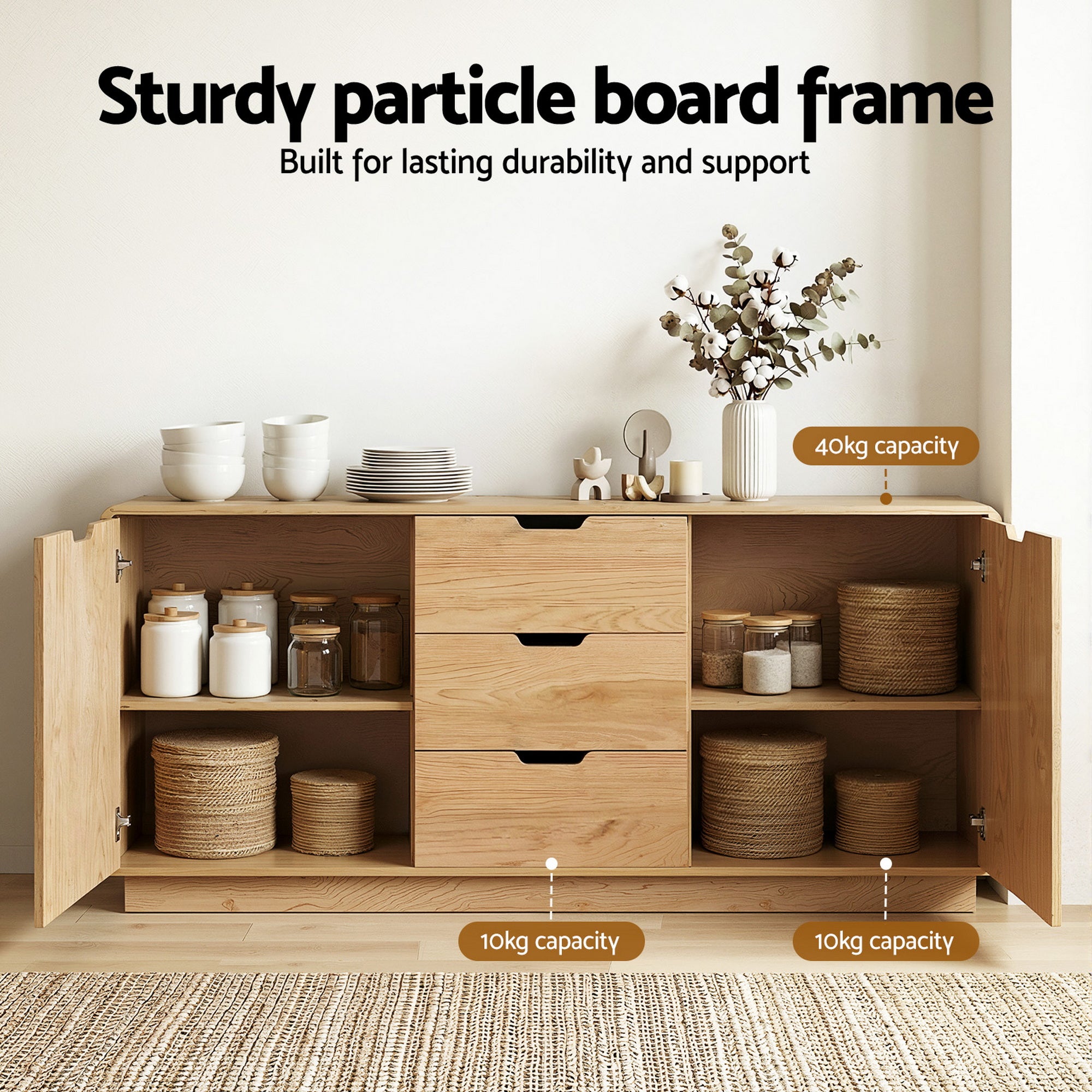 Artiss Buffet Sideboard Cabinet Storage Kitchen Cupboard Drawers Round Edge Oak-Furniture > Dining > Buffets & Sideboards-PEROZ Accessories