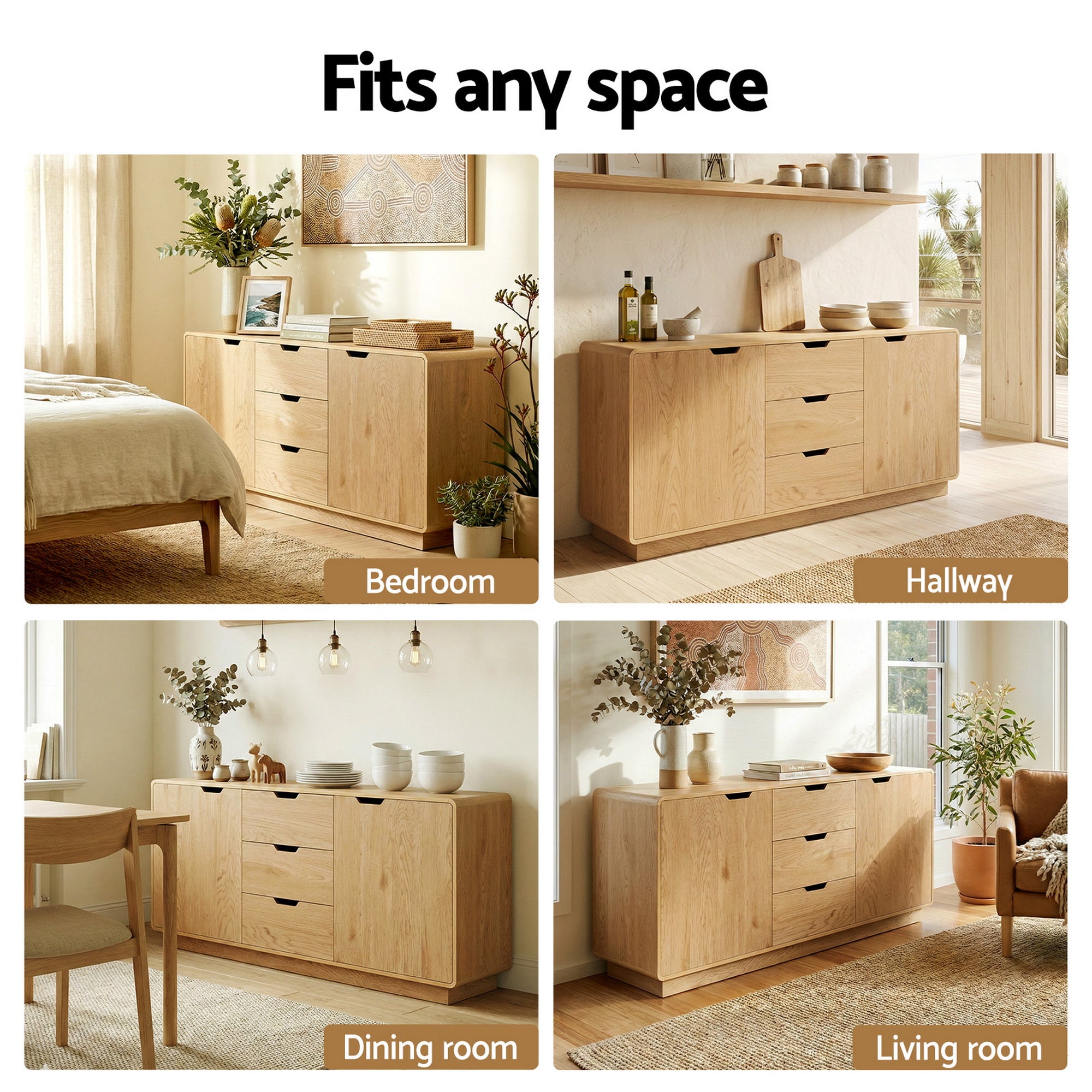 Artiss Buffet Sideboard Cabinet Storage Kitchen Cupboard Drawers Round Edge Oak-Furniture > Dining > Buffets & Sideboards-PEROZ Accessories