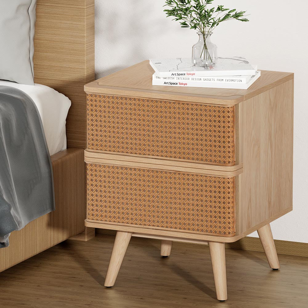 Artiss Rattan Bedside Table Drawers Side End Table Storage Nightstand Oak NORA-Furniture > Bedroom-PEROZ Accessories