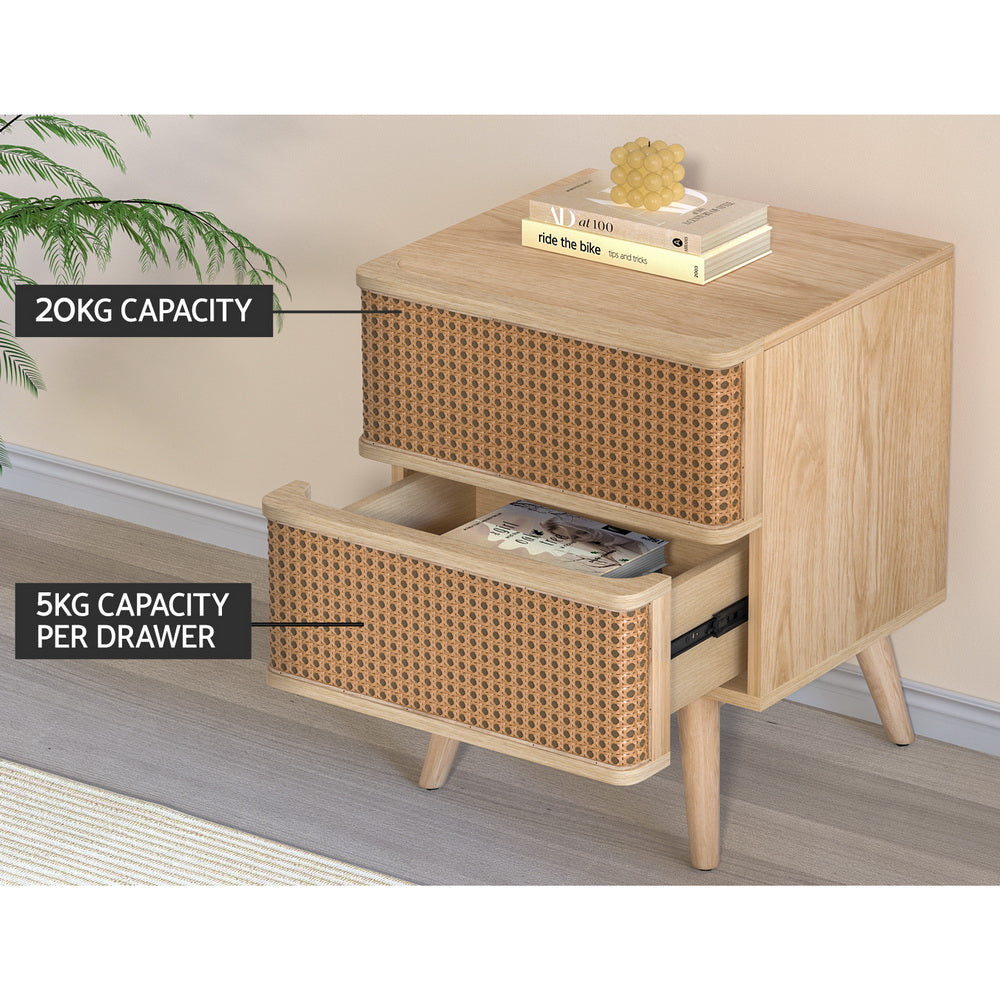 Artiss Rattan Bedside Table Drawers Side End Table Storage Nightstand Oak NORA-Furniture > Bedroom-PEROZ Accessories
