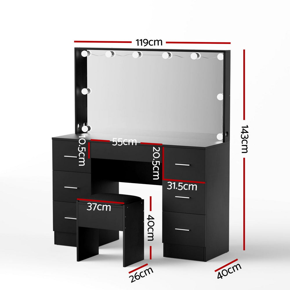 Artiss Dressing Table Vanity Desk Set Stool 10 Led Bulbs Black-Furniture > Bedroom > Dressing Vanity & Dressing Tables-PEROZ Accessories