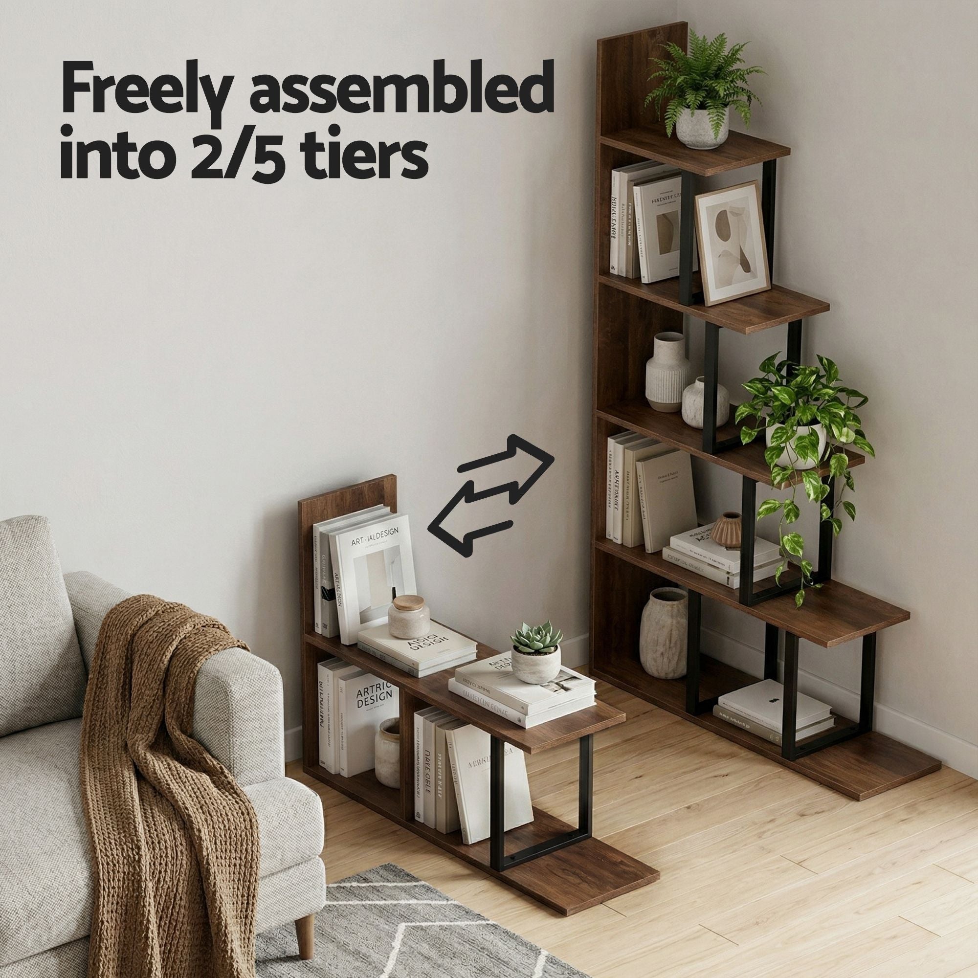 Artiss 5 Tiers Bookshelf Ladder Corner Shelf Bookcase Walnut-Furniture > Living Room > Bookcases & Shelves-PEROZ Accessories