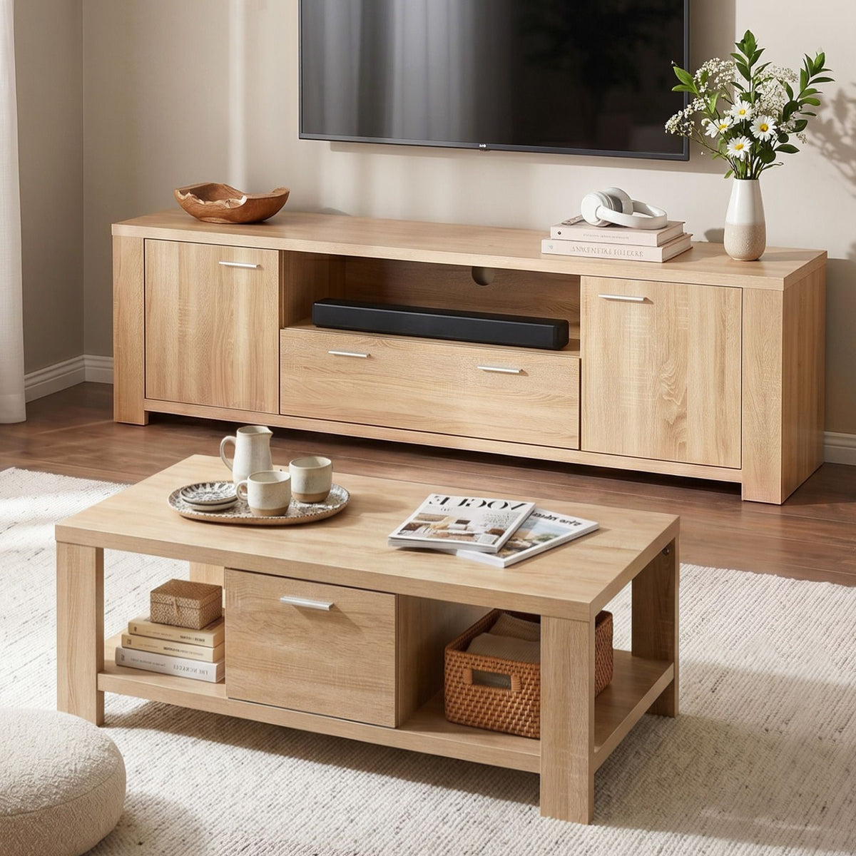 Artiss TV Unit & Coffee Table Set Storage Drawer Pine-Furniture > Living Room > Coffee Tables-PEROZ Accessories