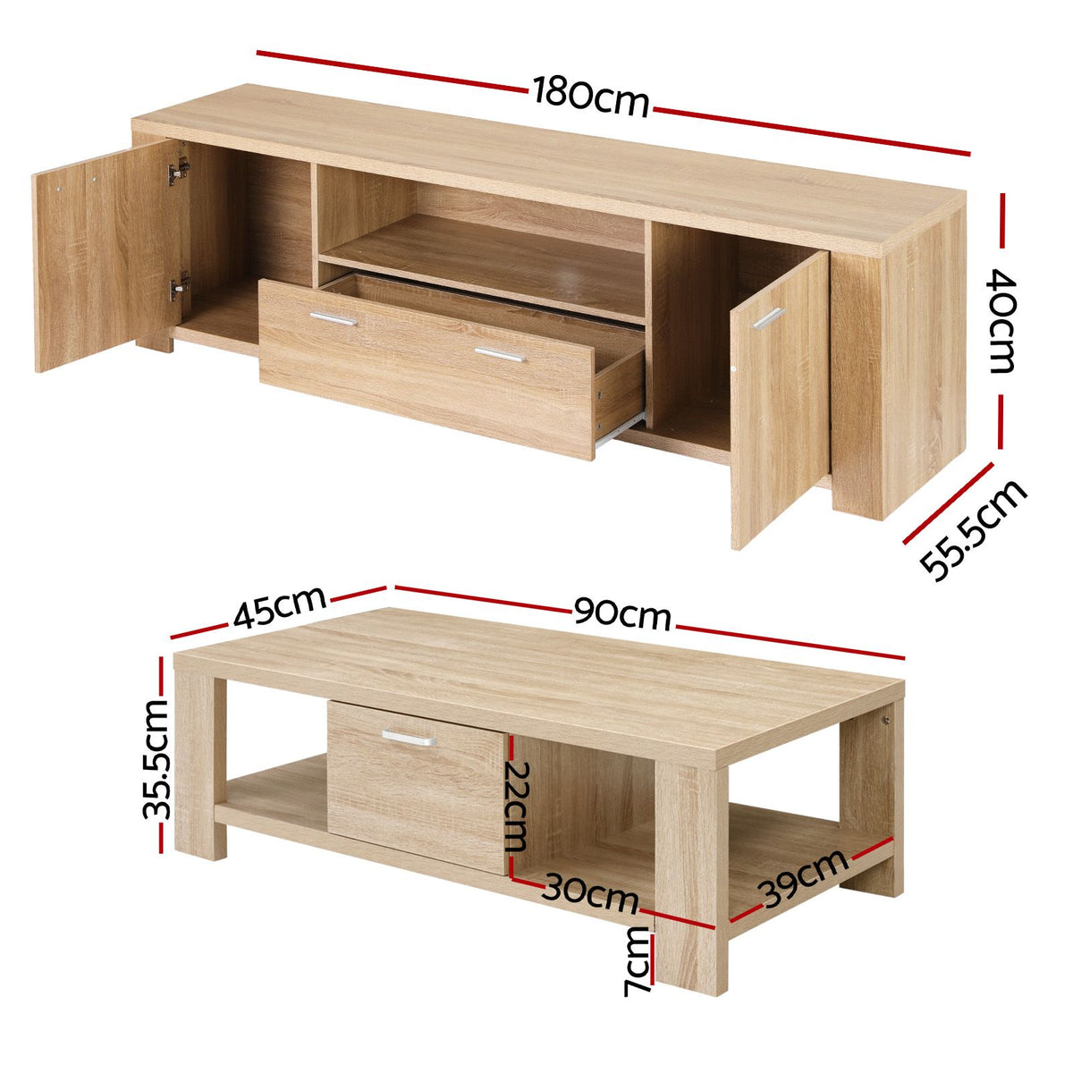 Artiss TV Unit & Coffee Table Set Storage Drawer Pine-Furniture > Living Room > Coffee Tables-PEROZ Accessories