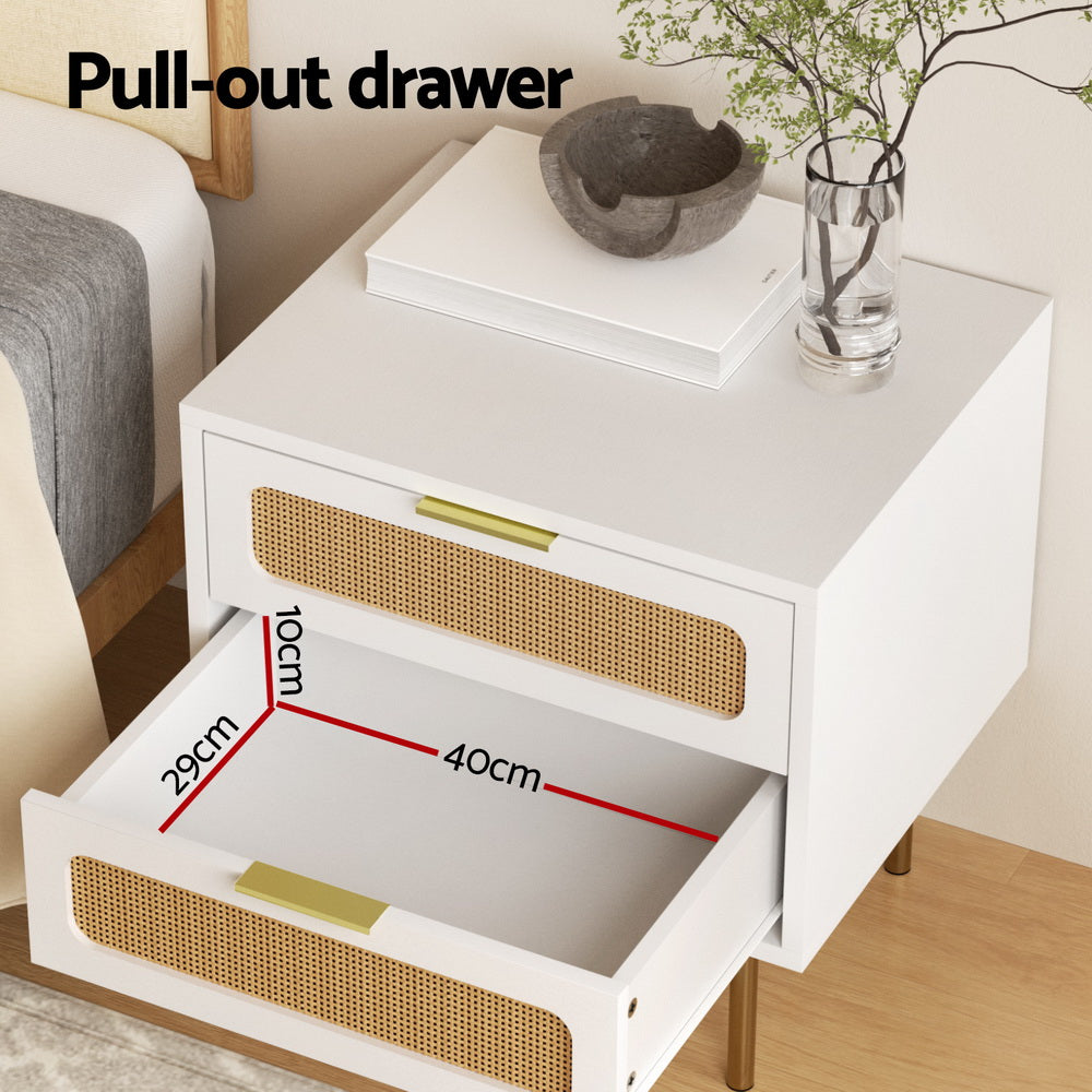 Artiss Rattan Bedside Table 2 Drawers Pine-Furniture > Bedroom > Bedside Tables-PEROZ Accessories