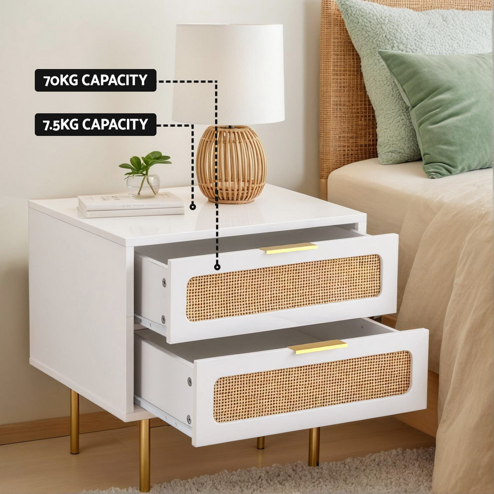 Artiss Rattan Bedside Table 2 Drawers Pine-Furniture > Bedroom > Bedside Tables-PEROZ Accessories