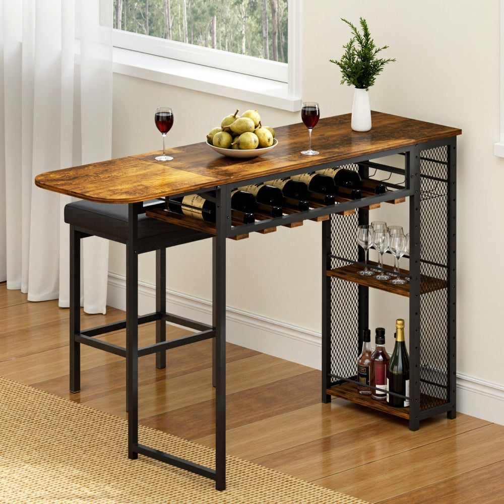 Artiss Industrial Bar Table with Wine Rack Built-in Cup Holder Extendable 140cm-Furniture > Dining > Dining Tables-PEROZ Accessories
