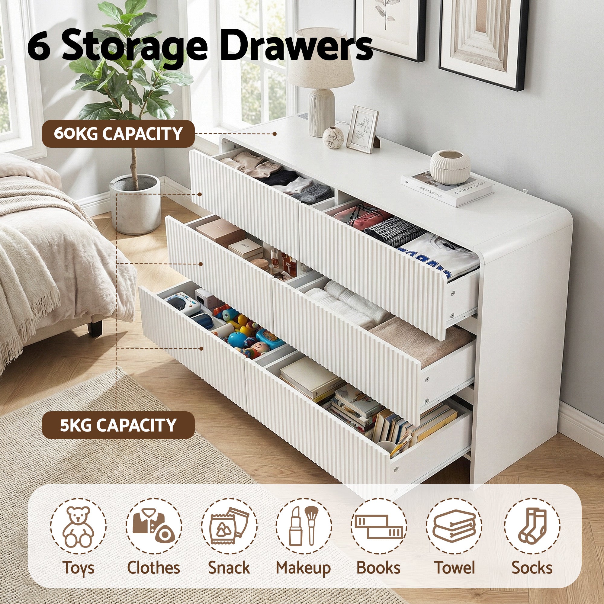 Artiss 6 Chest of Drawers Dresser Cabinet White-Furniture > Bedroom > Dressers-PEROZ Accessories