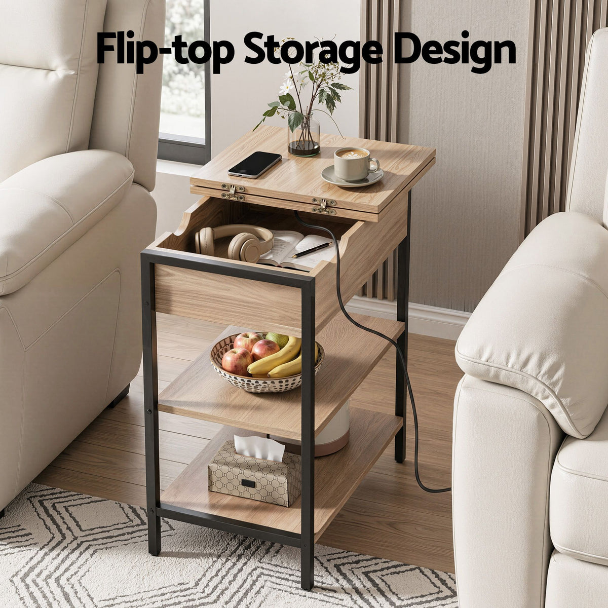 Artiss Coffee Table Set Of 2 Side Bedside End Table Charging Station Flip-Top Storage 60cm Wood-Furniture > Living Room > Coffee Tables-PEROZ Accessories