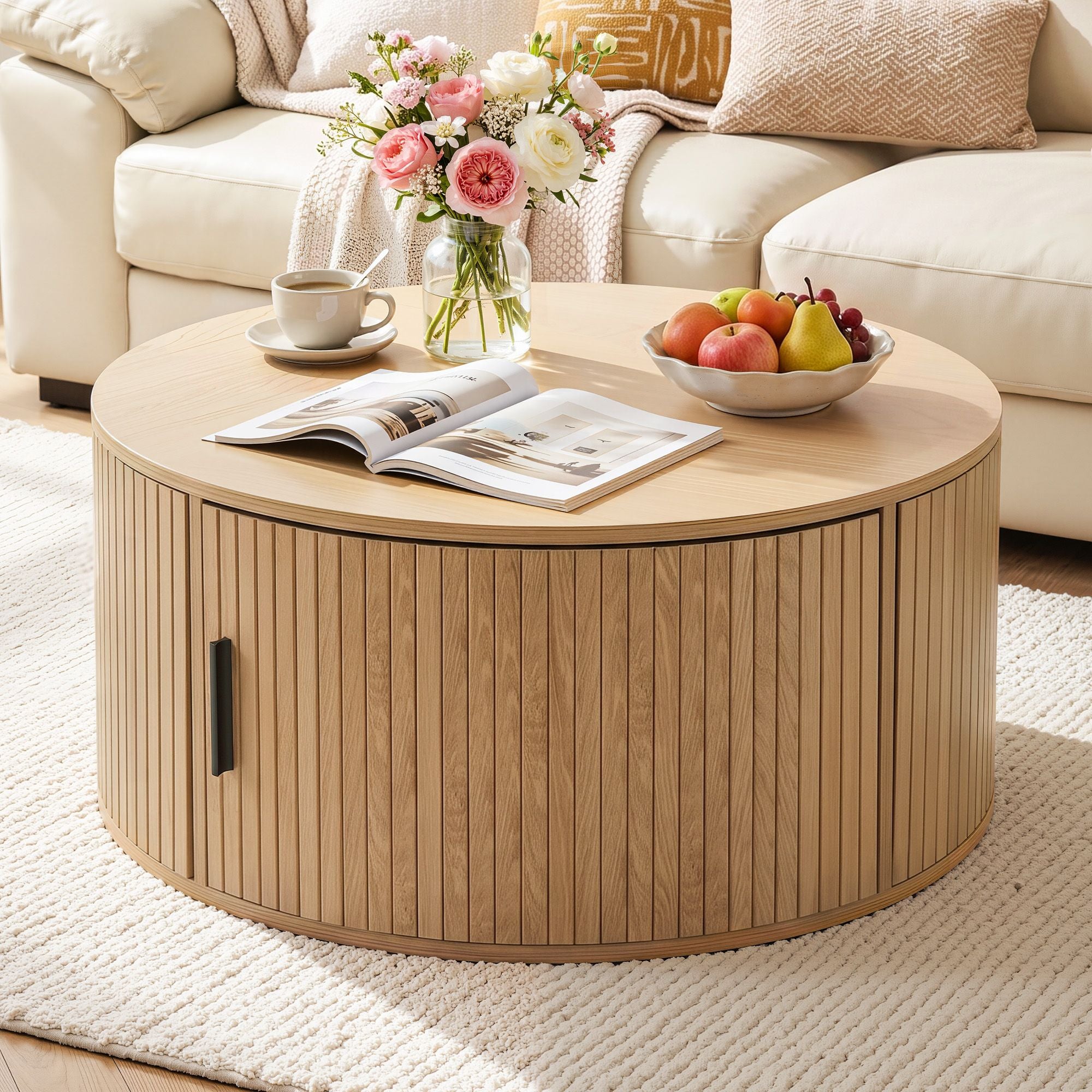 Artiss Round Coffee Table Storage Fluted Center Table Living Room Office 80cm Wood