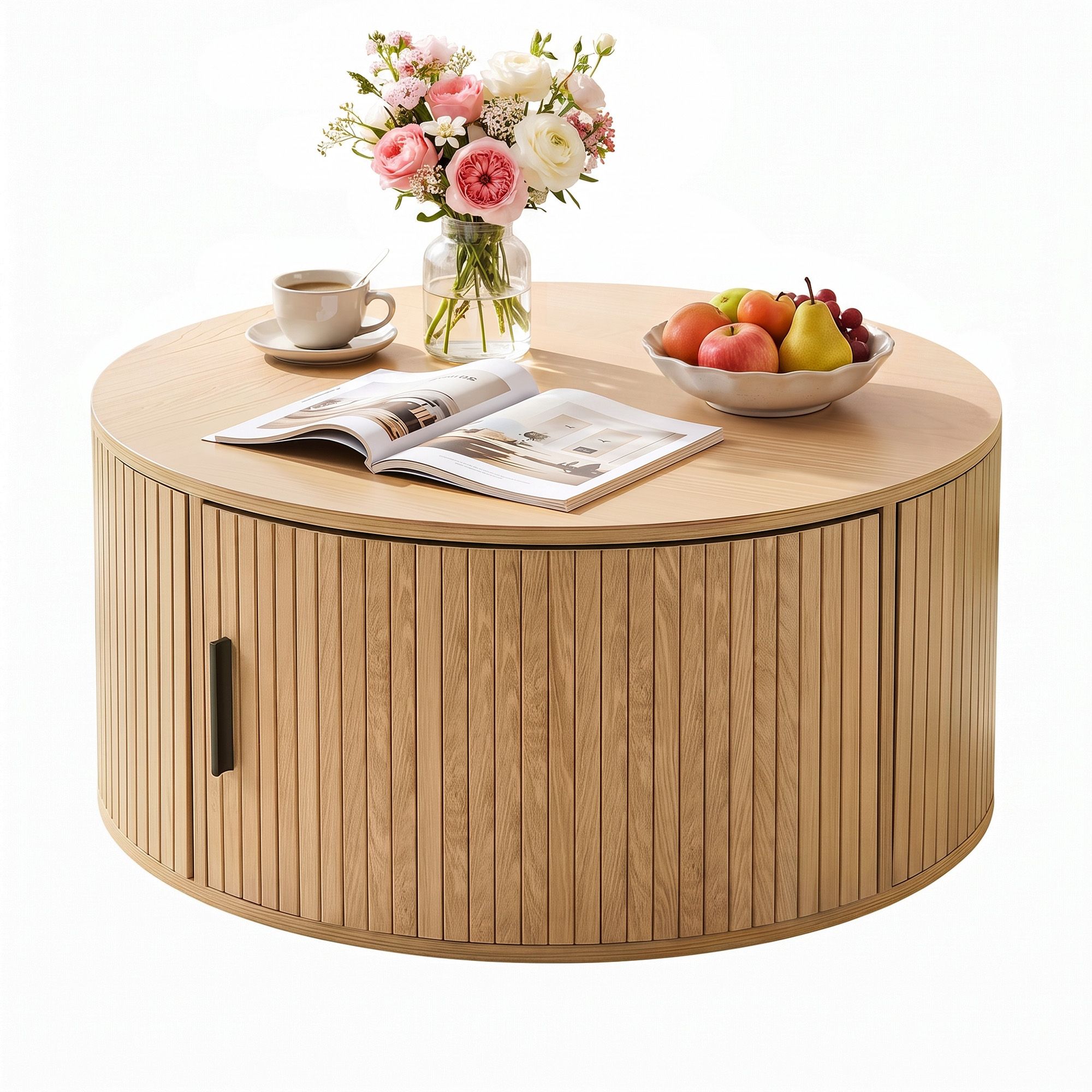Artiss Round Coffee Table Storage Fluted Center Table Living Room Office 80cm Wood