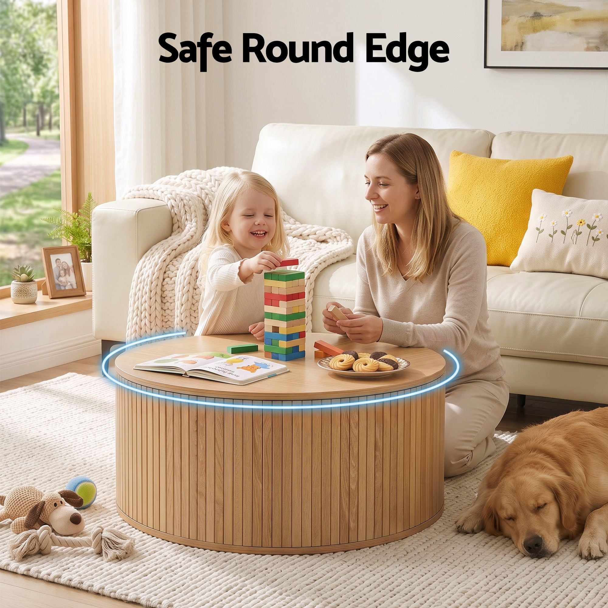 Artiss Round Coffee Table Storage Fluted Center Table Living Room Office 80cm Wood