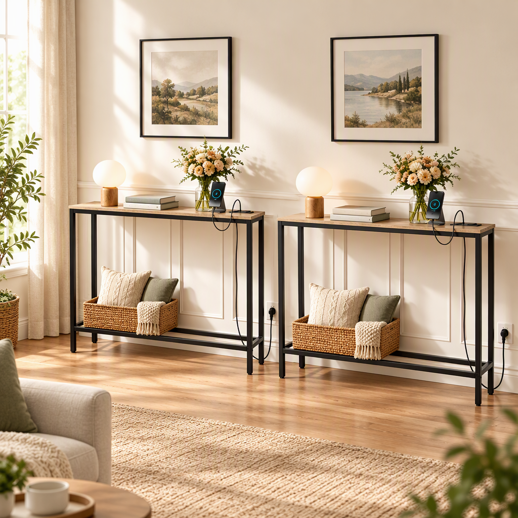 Artiss Set of 2 Narrow Sofa Console Tables with Charging Station, Wood-Furniture > Living Room > Side Tables-PEROZ Accessories