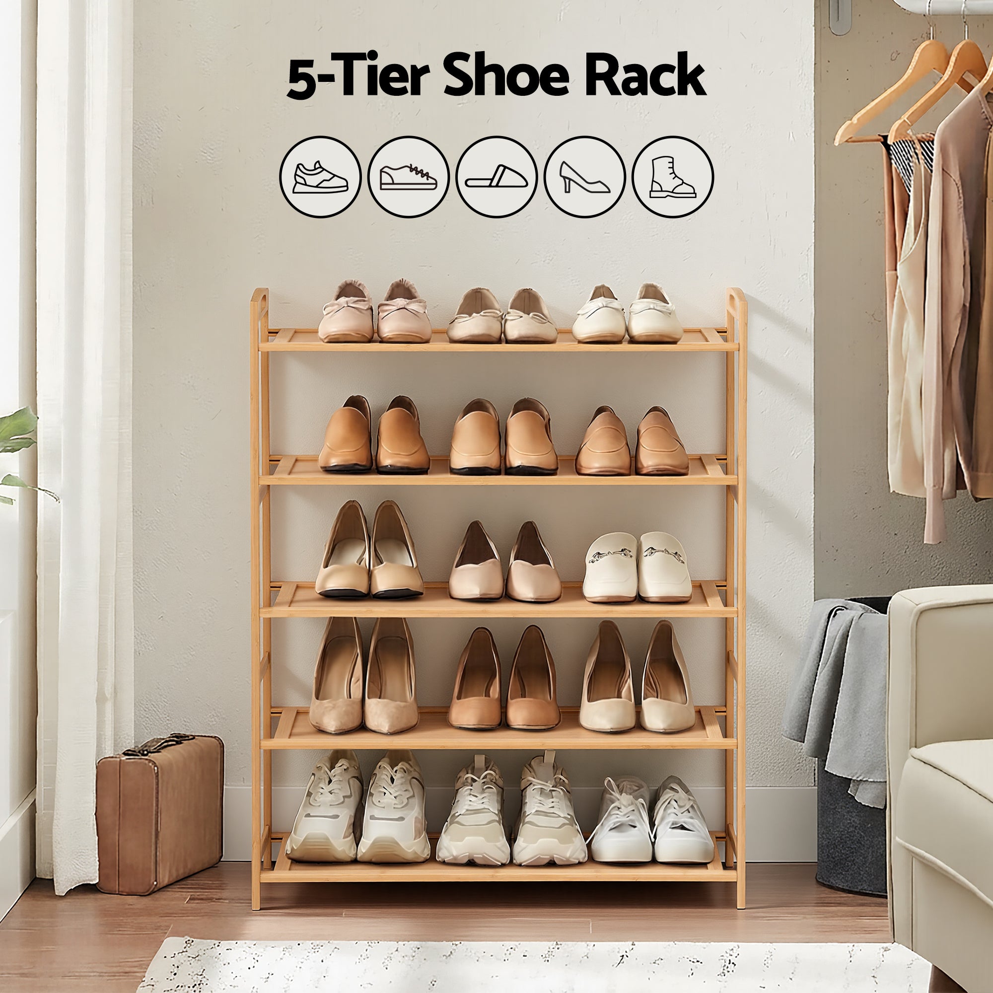Artiss 5 Tier Shoe Rack Bamboo Storage Organiser Pine-Furniture > Living Room > Shoe Storage-PEROZ Accessories