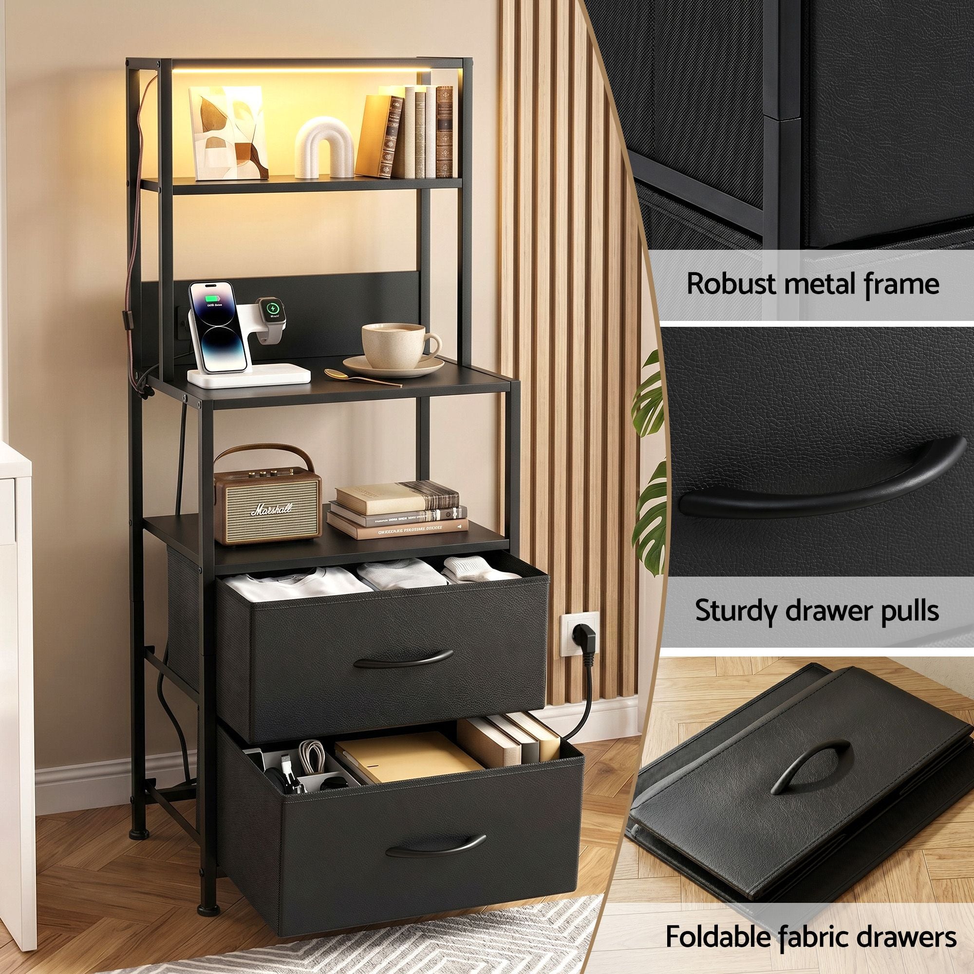 Artiss Bedside Table Tall Nightstand with Charging Station Drawers LED Black-Furniture > Bedroom > Bedside Tables-PEROZ Accessories