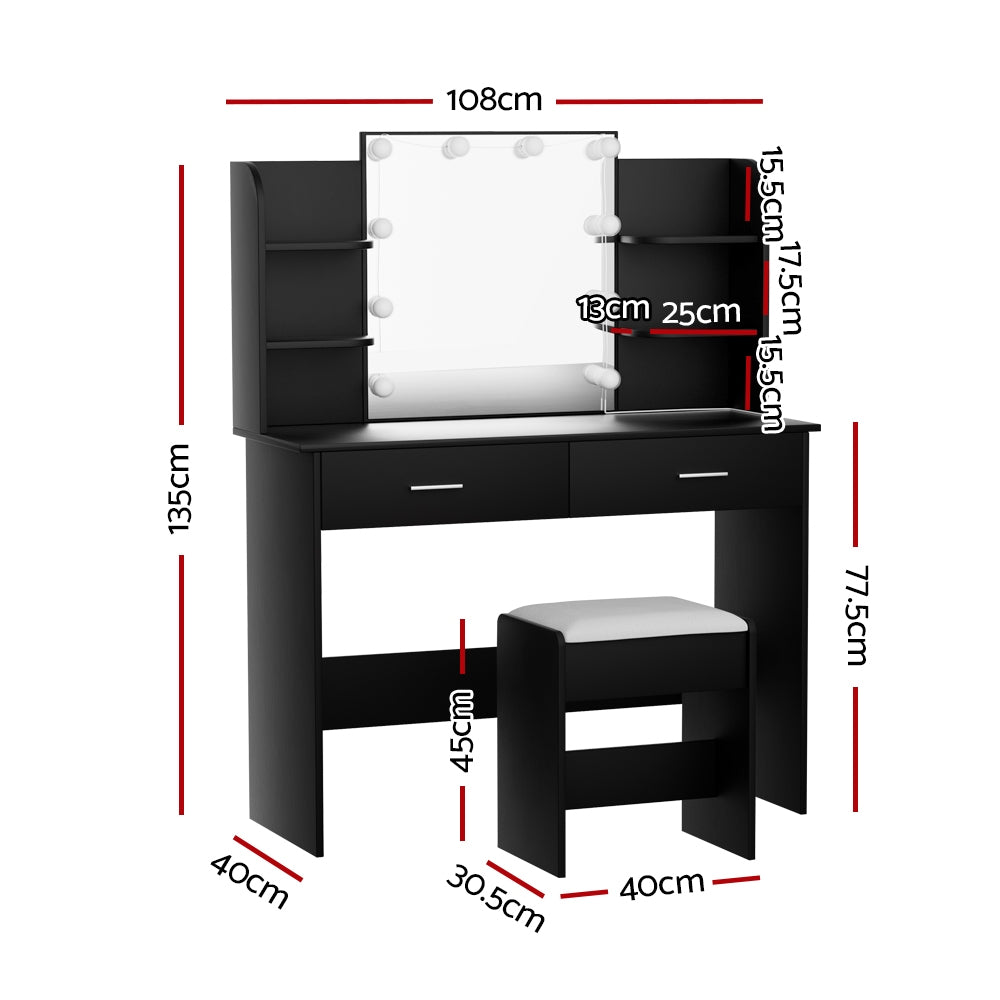 Artiss Dressing Table Set Stool 10 Led Bulbs Black Dulcea-Furniture > Bedroom-PEROZ Accessories