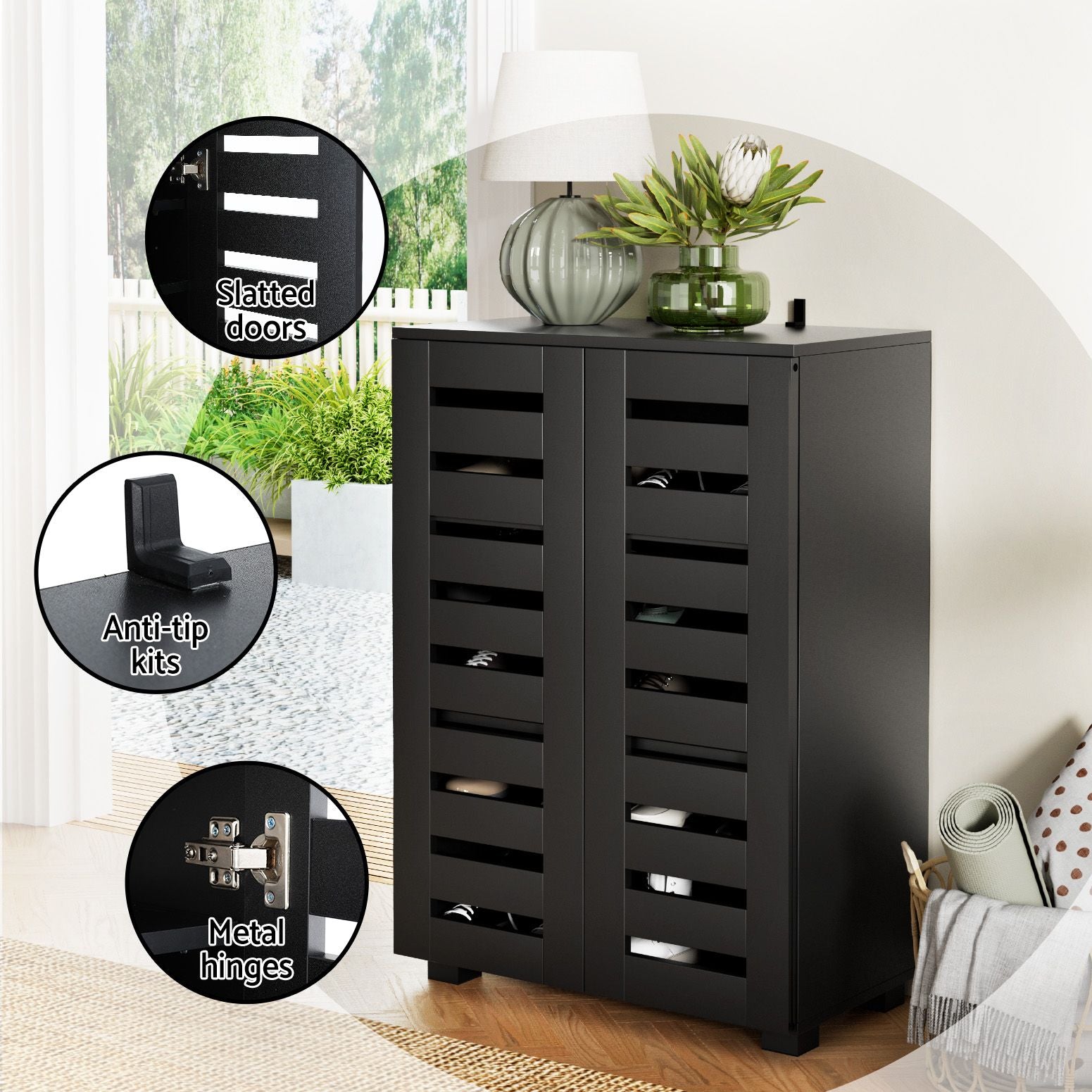 Artiss Shoe Rack Storage Cabinet 20 Pairs 5-tier Black Alster-Furniture > Living Room > Shoe Storage-PEROZ Accessories