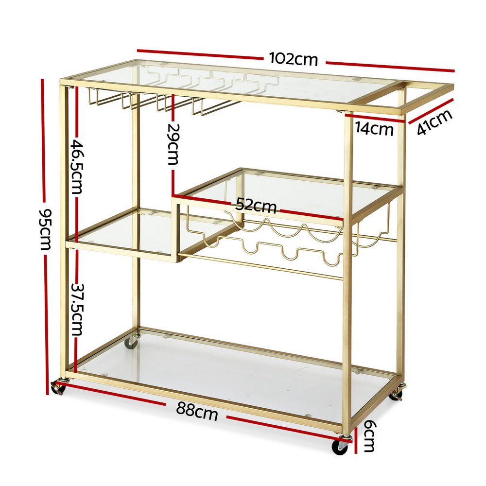 Artiss Bar Cart Drink Trolley Serving Cocktail Wine Rack Glass Holder 102cm Gold-Furniture > Dining > Kitchen & Dining Trolleys-PEROZ Accessories
