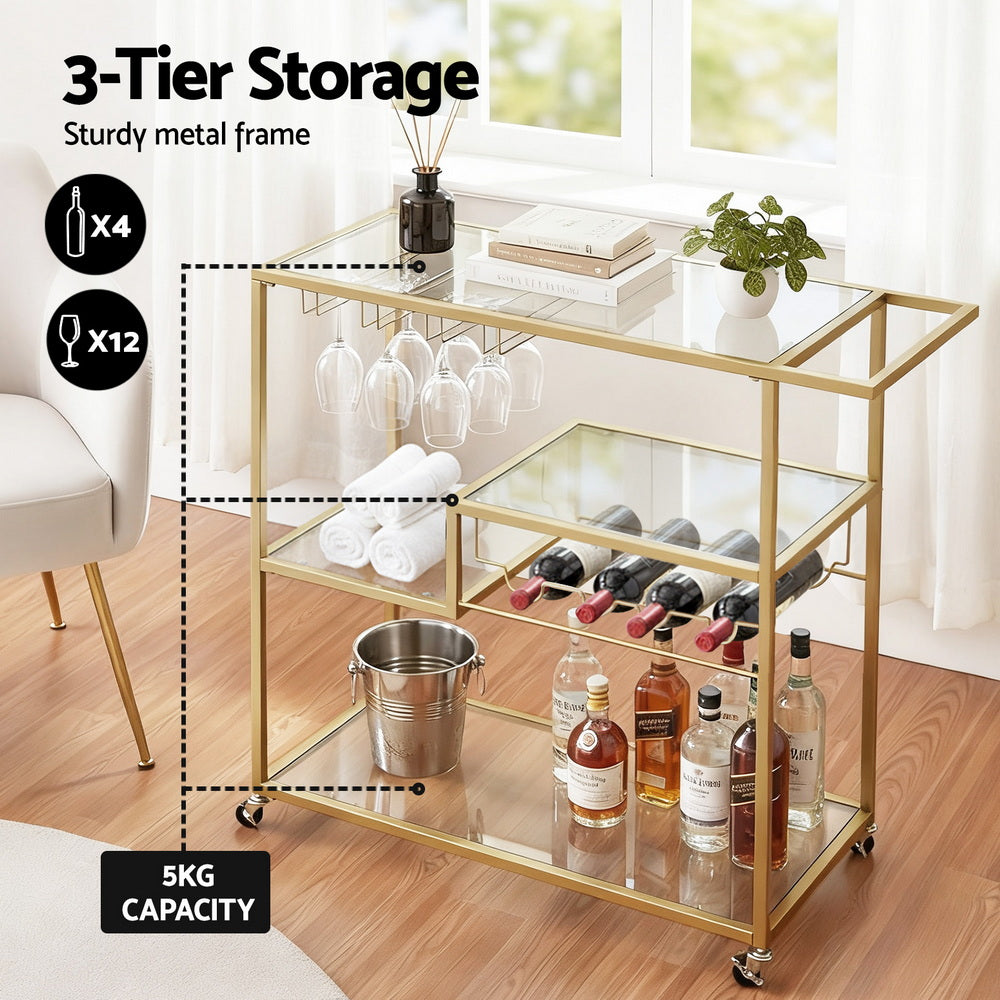 Artiss Bar Cart Drink Trolley Serving Cocktail Wine Rack Glass Holder 102cm Gold-Furniture > Dining > Kitchen & Dining Trolleys-PEROZ Accessories
