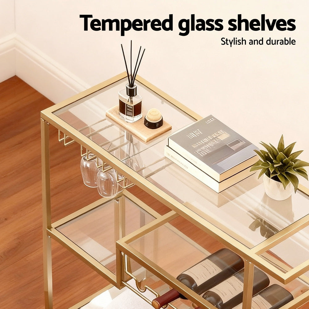 Artiss Bar Cart Drink Trolley Serving Cocktail Wine Rack Glass Holder 102cm Gold-Furniture > Dining > Kitchen & Dining Trolleys-PEROZ Accessories