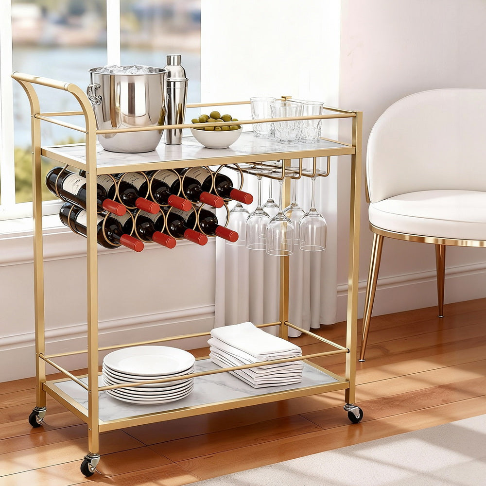 Artiss Bar Cart Drinks Trolley Serving Wine Rack Glass Holder Marble 85cm Gold-Furniture > Dining > Kitchen & Dining Trolleys-PEROZ Accessories