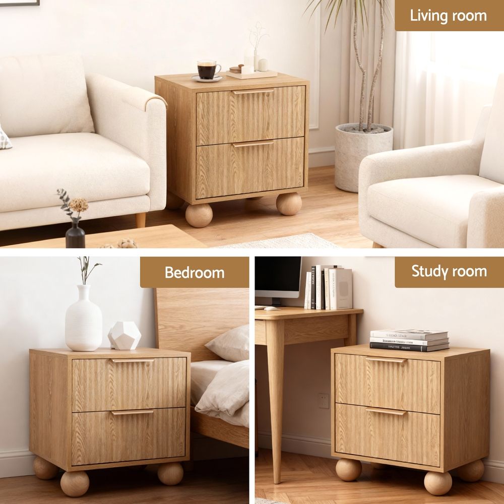 Artiss 2x Bedside Table Round Legs 2 Drawers Pine