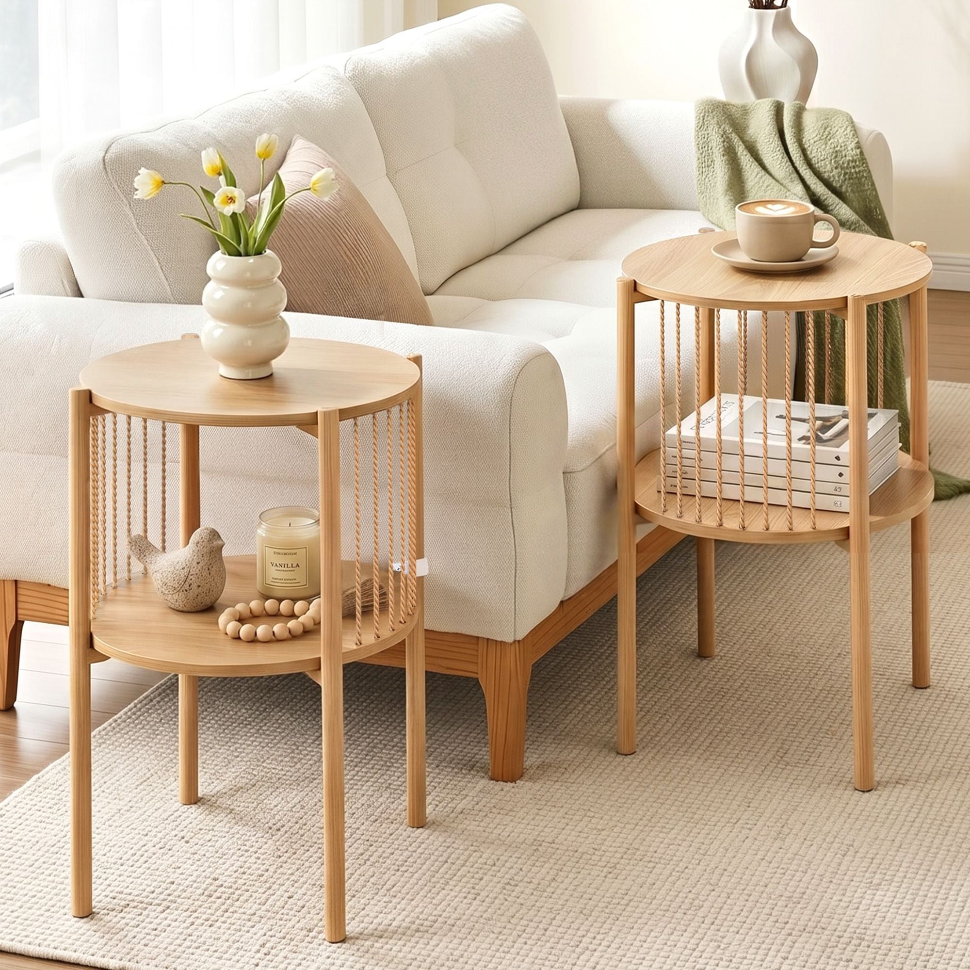Artiss Set of 2 End Tables Coffee Table 2-Tier Round Wood-Furniture > Living Room > Coffee Tables-PEROZ Accessories