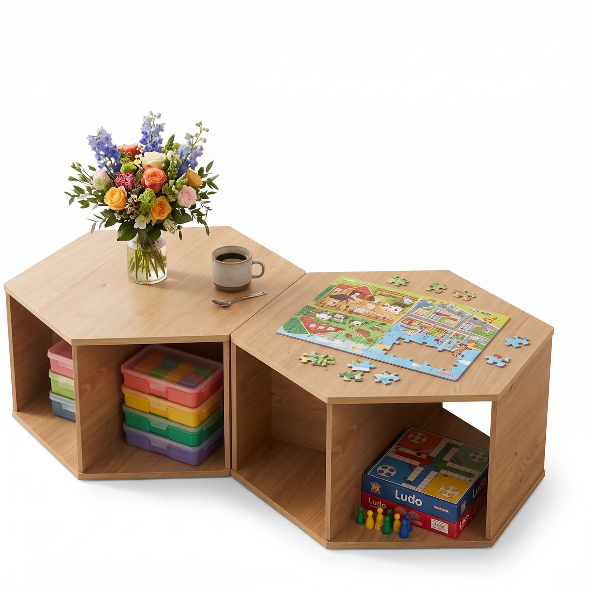Artiss Set of 2 Coffee Table Hexagonal Center Table with Open Storage 2-Way Display Side Table Wood-Furniture > Living Room > Coffee Tables-PEROZ Accessories