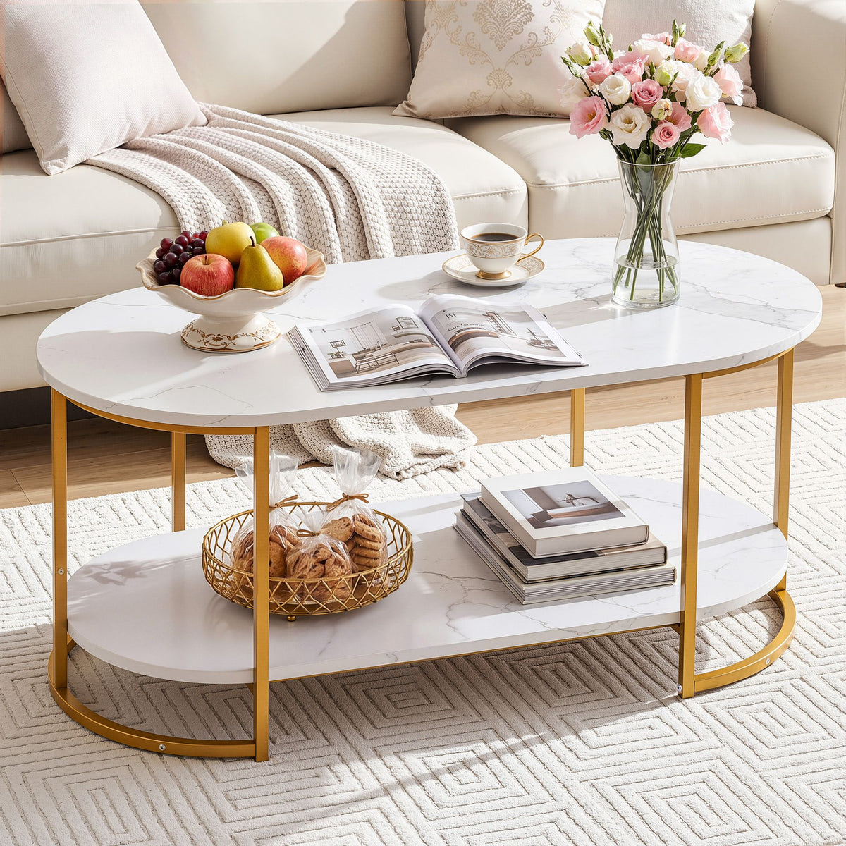 Artiss Coffee Table 2 Tier Oval Marble Finish Storage Shelf Metal Frame Center Table Living Room 100x50x45cm White & Gold-Furniture > Living Room > Coffee Tables-PEROZ Accessories