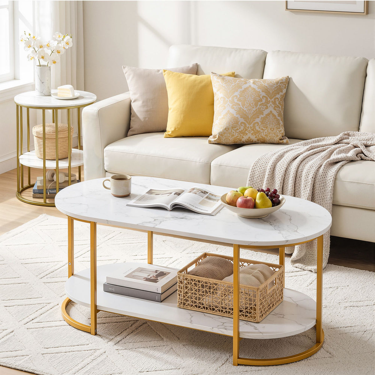 Artiss Coffee Table 2 Tier Oval Marble Finish Storage Shelf Metal Frame Center Table Living Room 100x50x45cm White & Gold-Furniture > Living Room > Coffee Tables-PEROZ Accessories