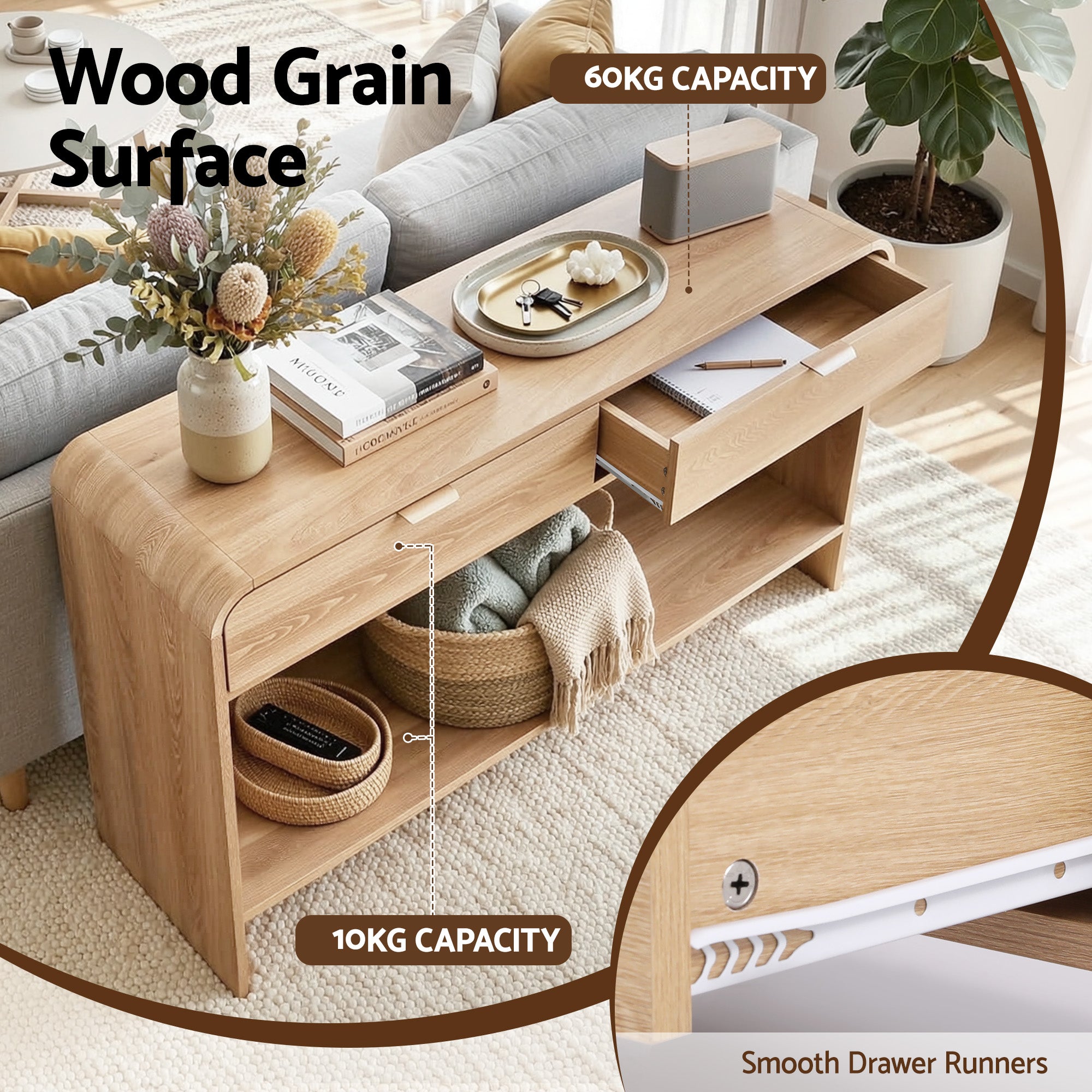 Artiss Console Table Hallway Entryway Storage Drawer Shelf Curved Edge 120CM Pine-Furniture > Living Room > Side Tables-PEROZ Accessories